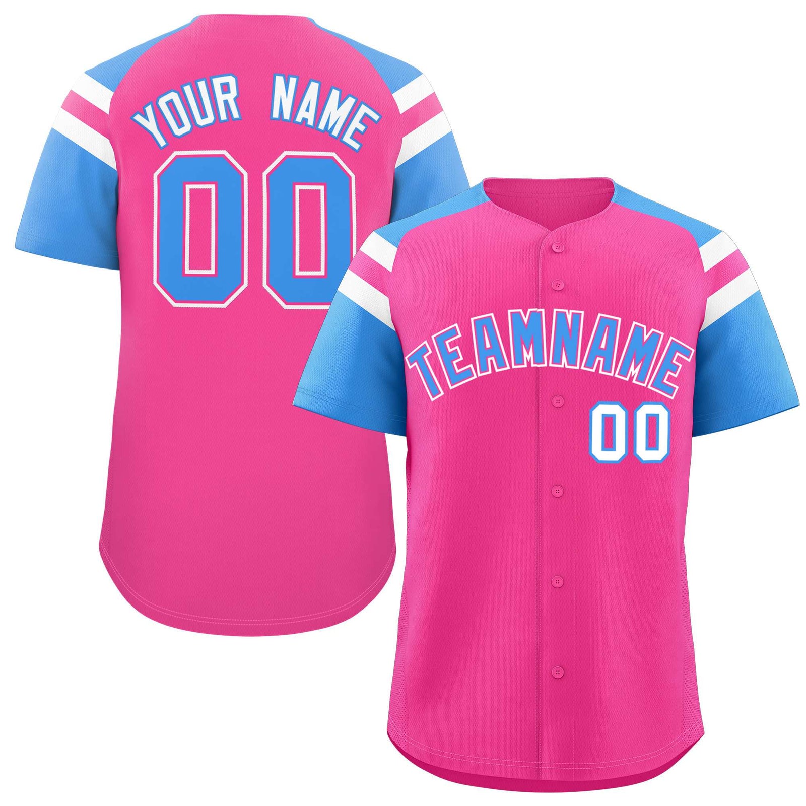 Custom Pink Powder Blue Contrast Raglan Sleeves Authentic Baseball Jersey