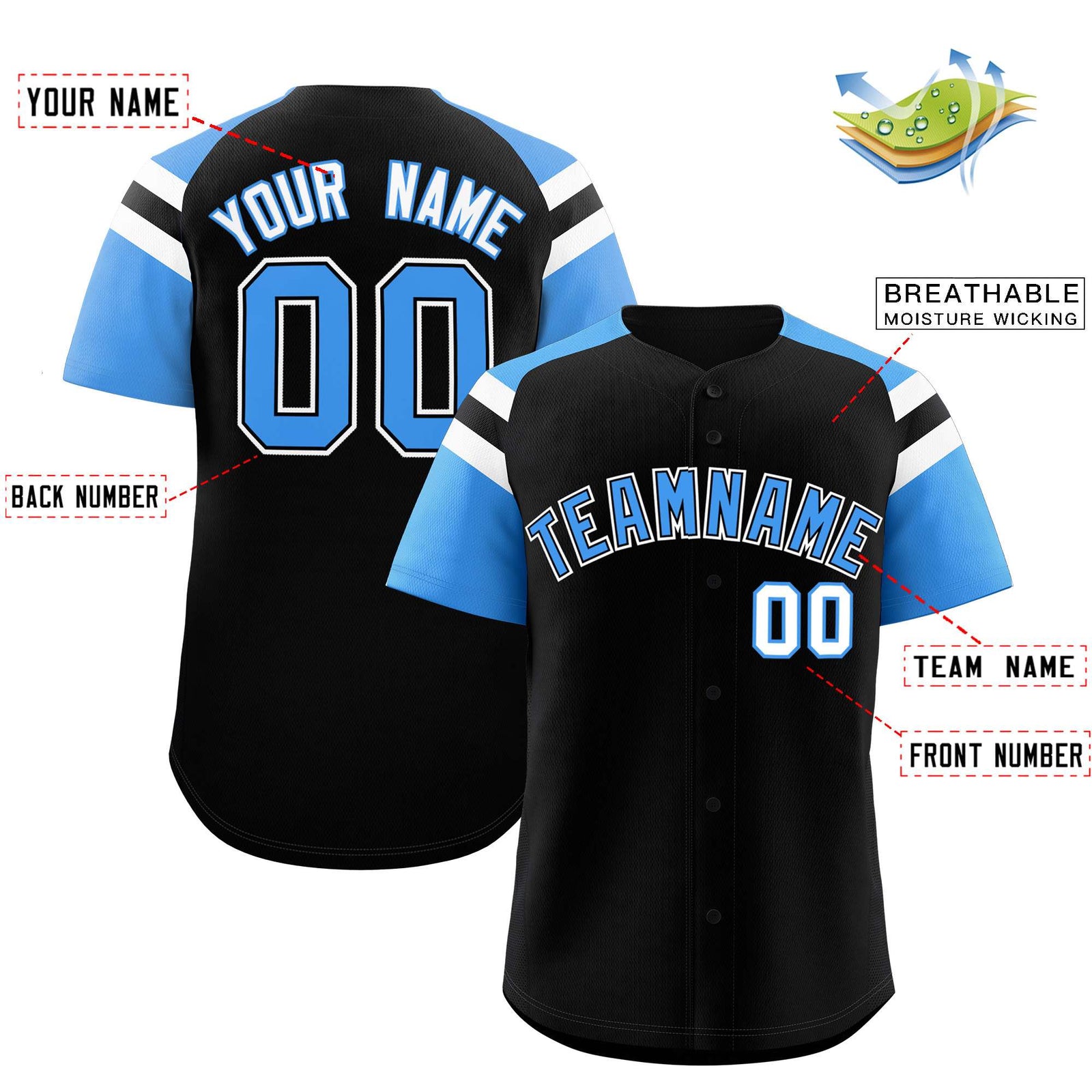 Custom Black Powder Blue Contrast Raglan Sleeves Authentic Baseball Jersey