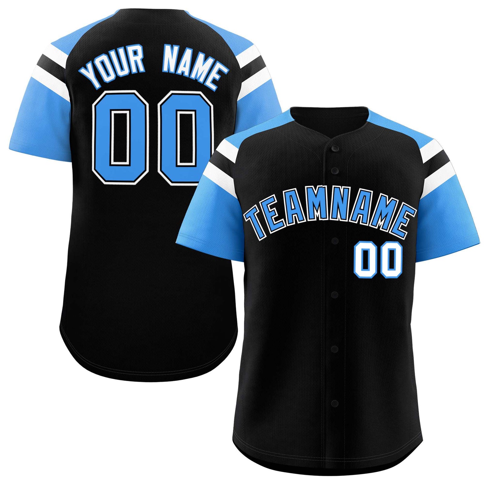 Custom Black Powder Blue Contrast Raglan Sleeves Authentic Baseball Jersey
