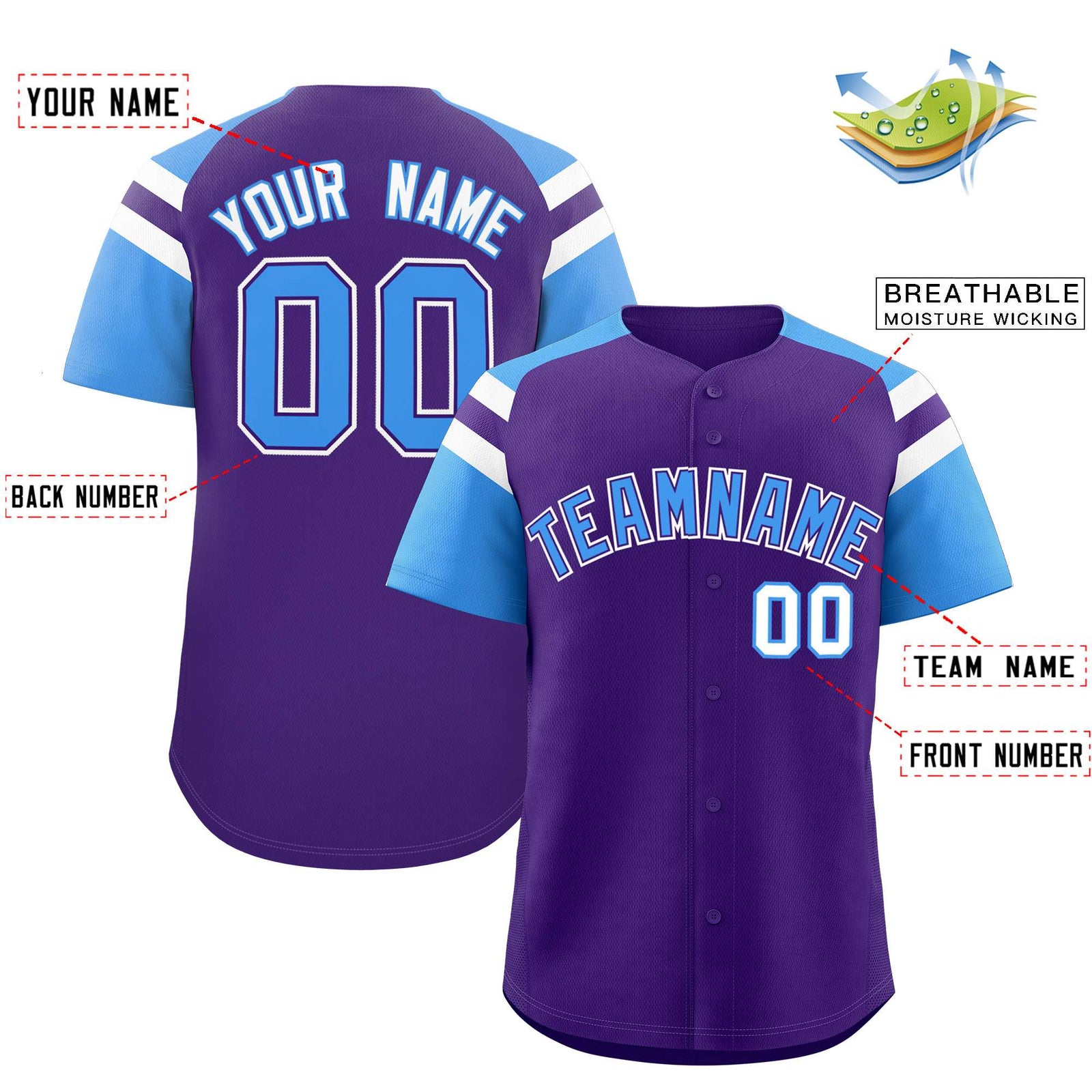 Custom Purple Powder Blue Contrast Raglan Sleeves Authentic Baseball Jersey