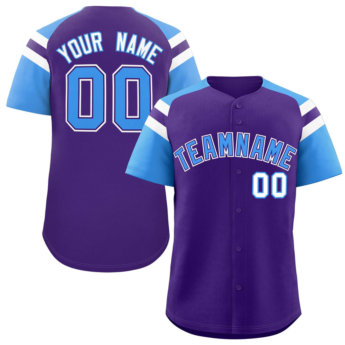Custom Purple Powder Blue Contrast Raglan Sleeves Authentic Baseball Jersey