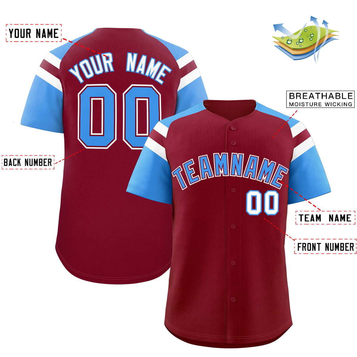 Custom Crimson Powder Blue Contrast Raglan Sleeves Authentic Baseball Jersey