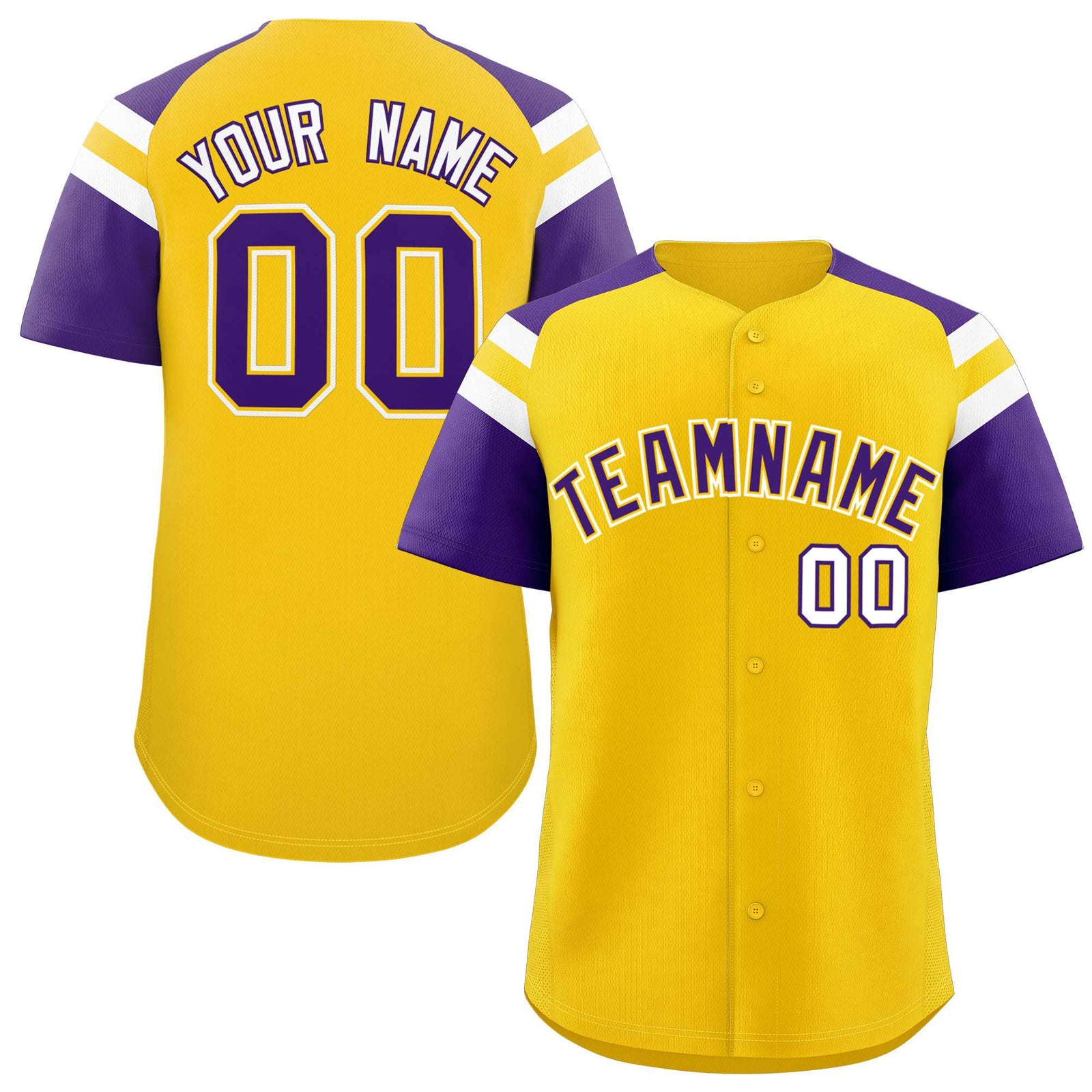 Custom Gold Purple Contrast Raglan Sleeves Authentic Baseball Jersey