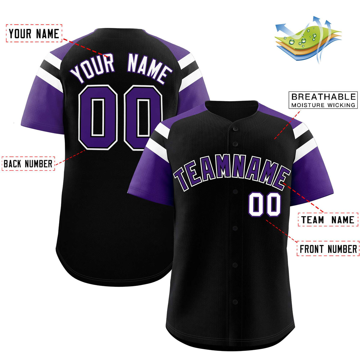 Custom Black Purple Contrast Raglan Sleeves Authentic Baseball Jersey