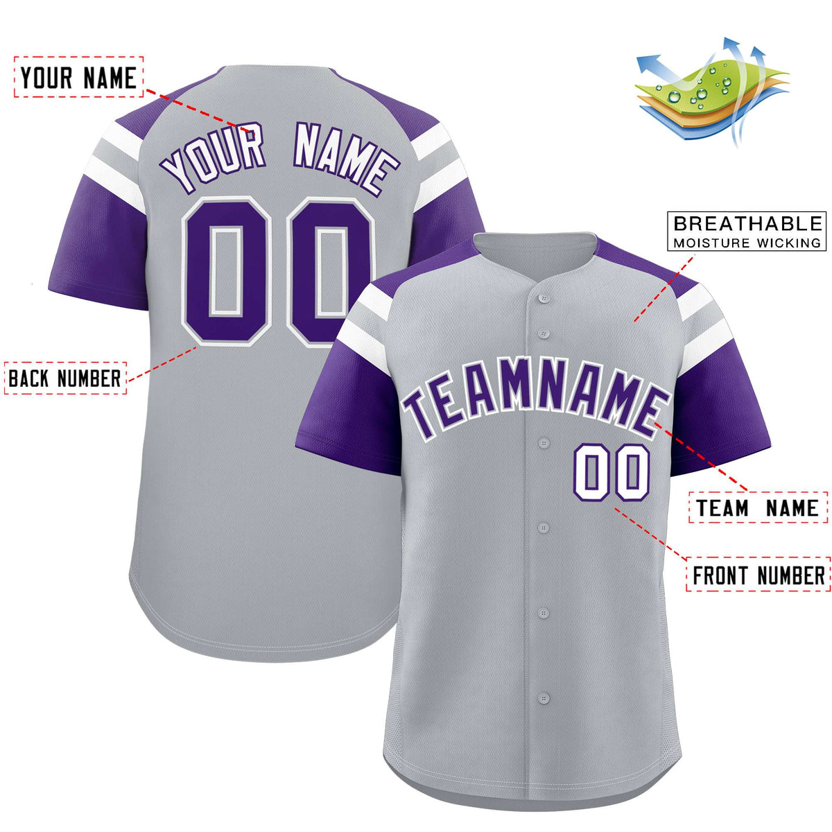 Custom Silver Purple Contrast Raglan Sleeves Authentic Baseball Jersey