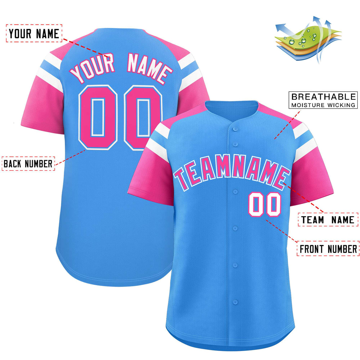 Custom Powder Blue Pink Contrast Raglan Sleeves Authentic Baseball Jersey