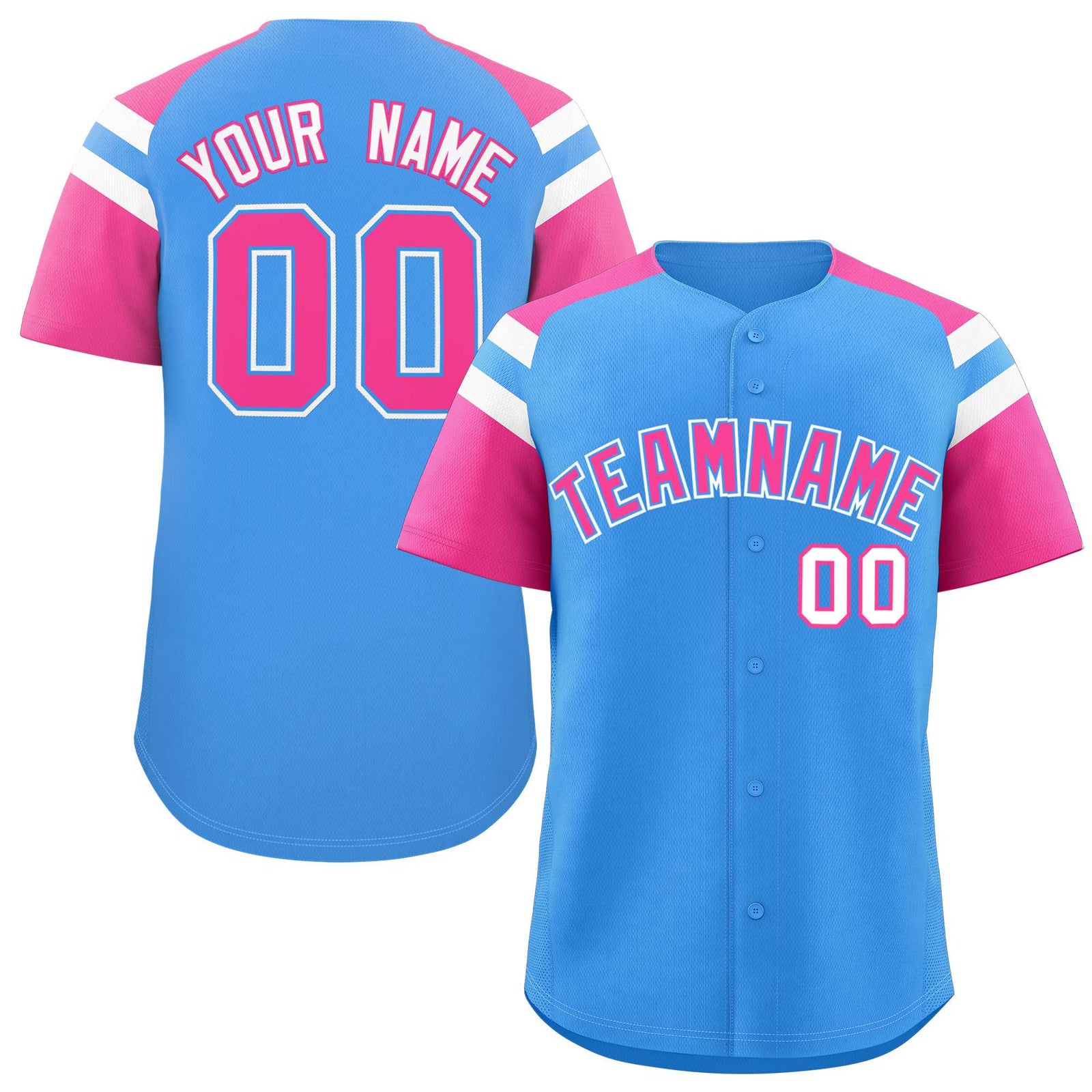 Custom Powder Blue Pink Contrast Raglan Sleeves Authentic Baseball Jersey