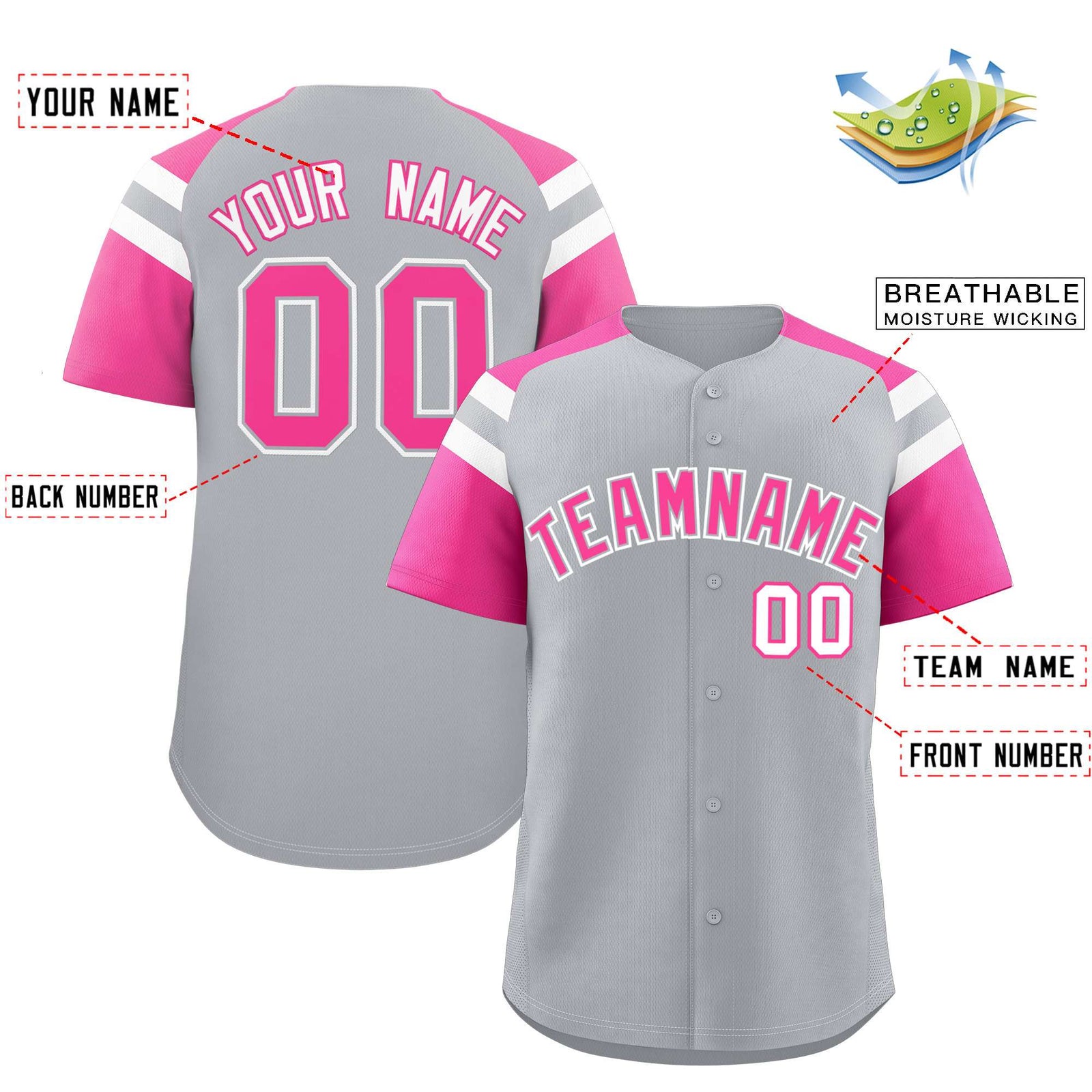 Custom Silver Pink Contrast Raglan Sleeves Authentic Baseball Jersey
