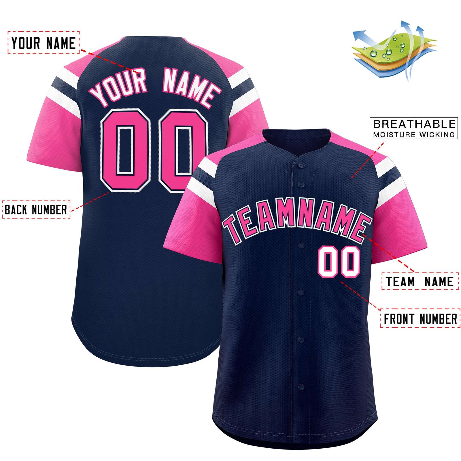 Custom Navy Pink Contrast Raglan Sleeves Authentic Baseball Jersey