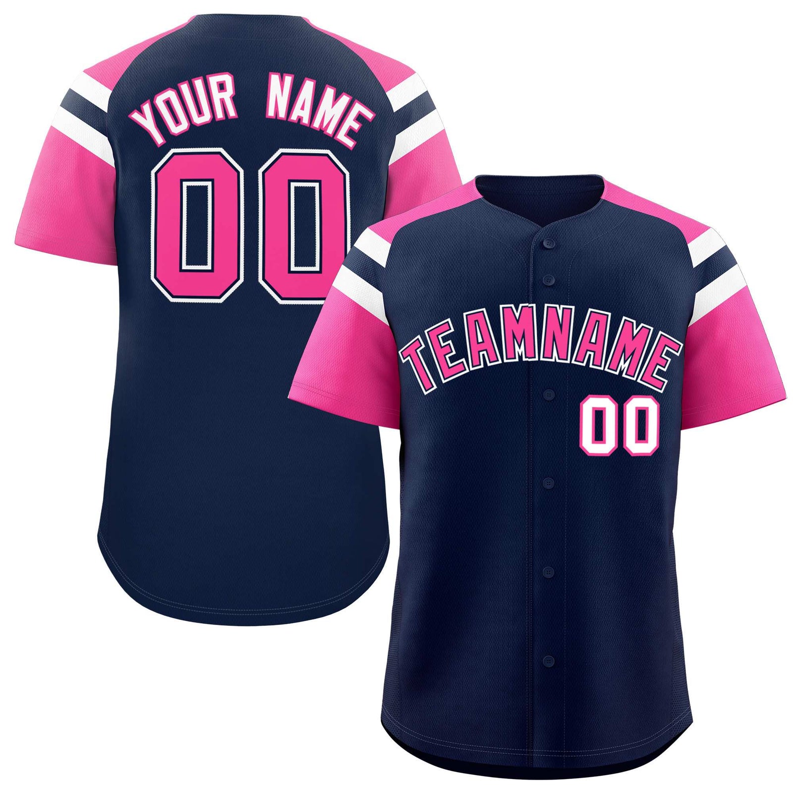Custom Navy Pink Contrast Raglan Sleeves Authentic Baseball Jersey