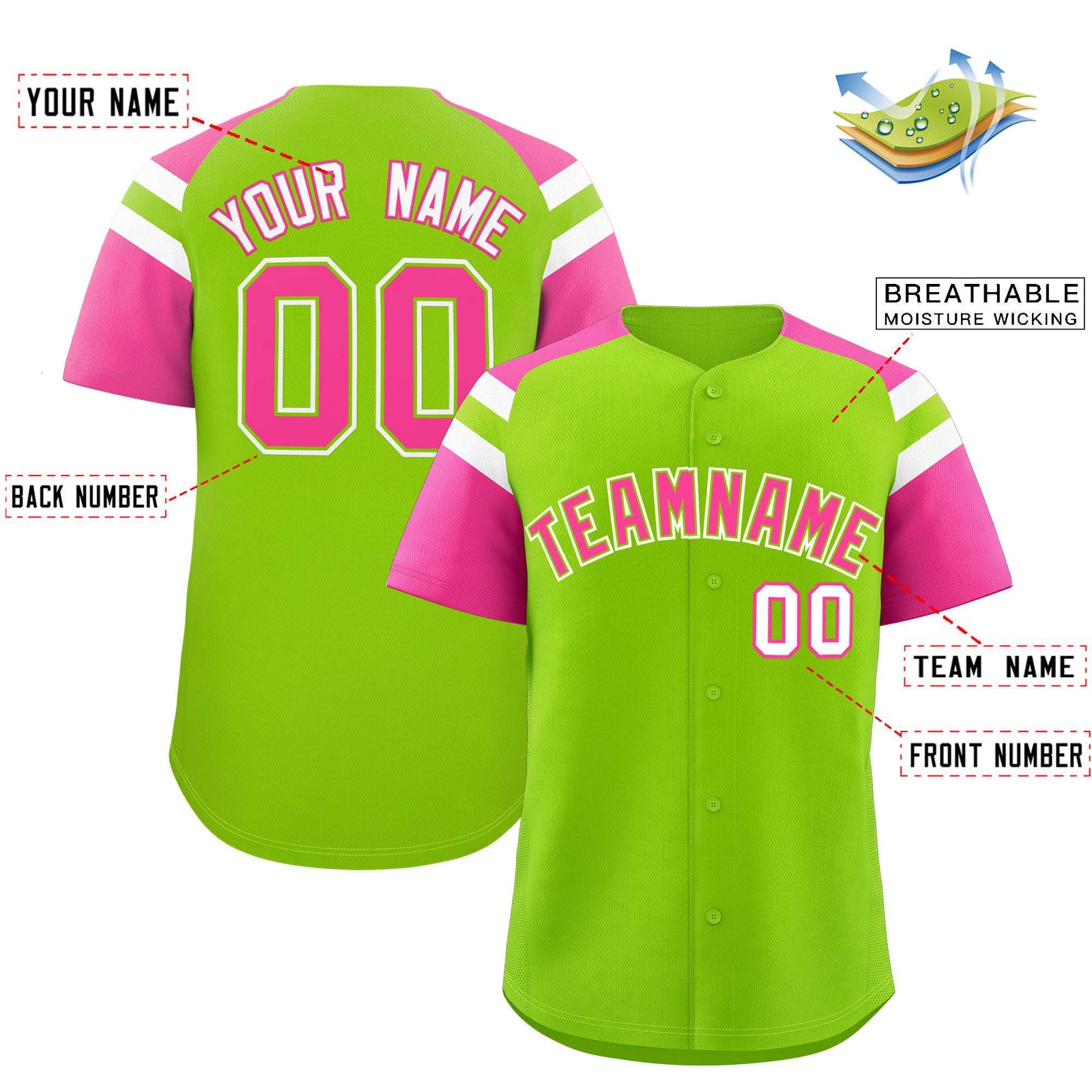 Custom Neon Green Pink Contrast Raglan Sleeves Authentic Baseball Jersey