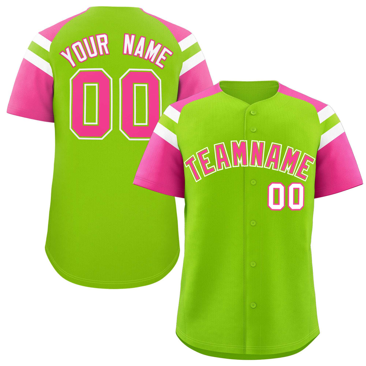 Custom Neon Green Pink Contrast Raglan Sleeves Authentic Baseball Jersey