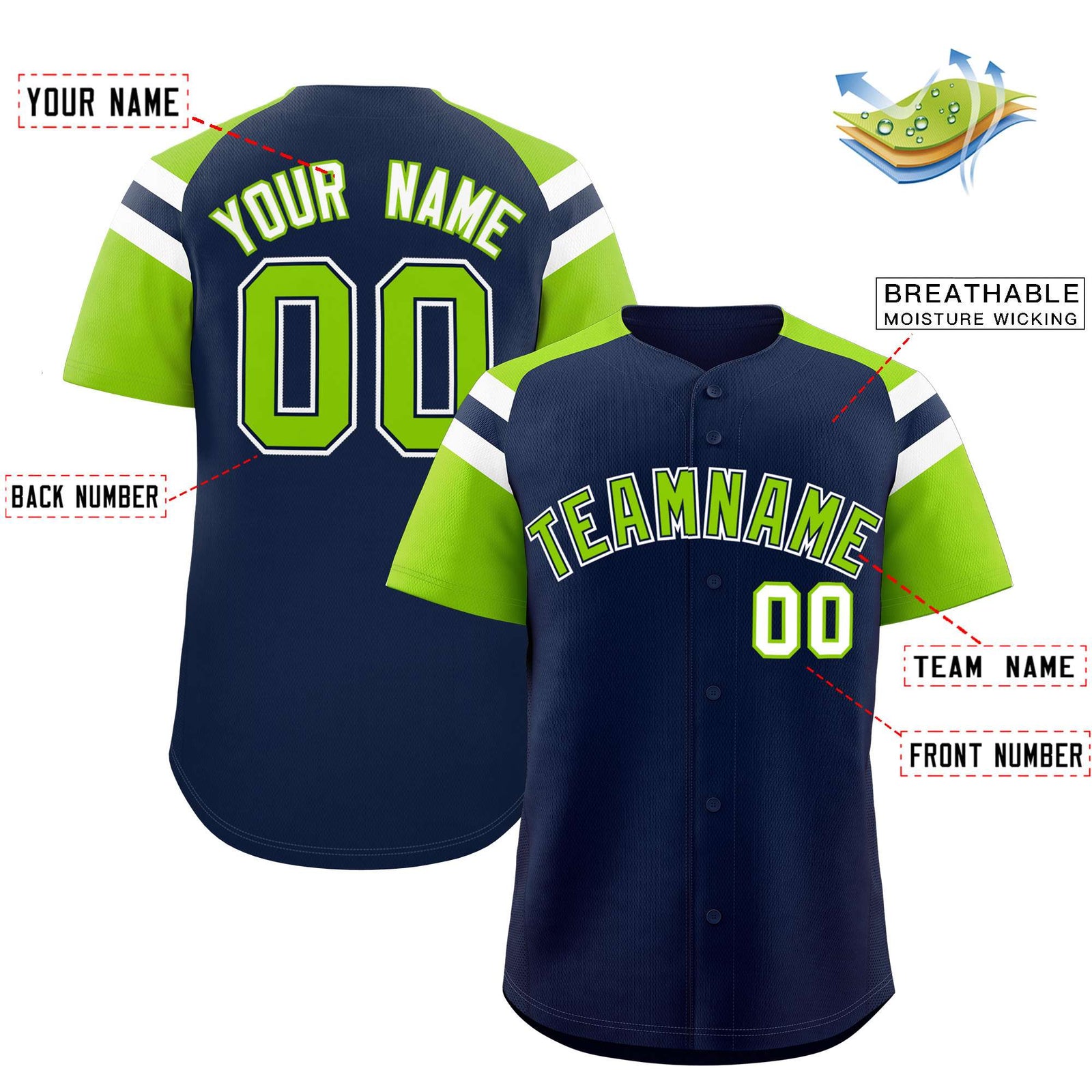 Custom Navy Neon Green Contrast Raglan Sleeves Authentic Baseball Jersey