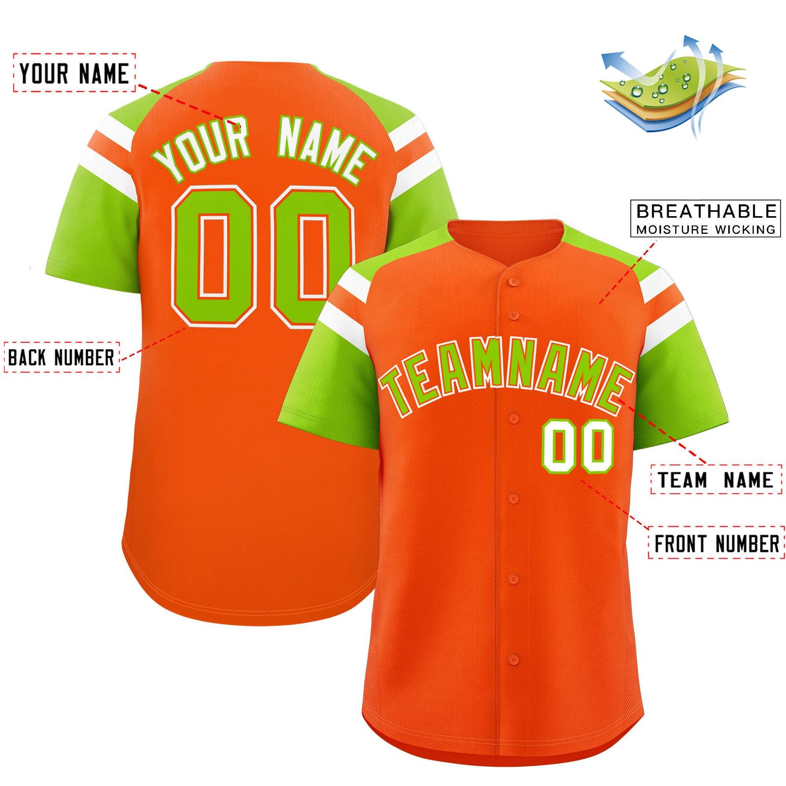 Custom Orange Neon Green Contrast Raglan Sleeves Authentic Baseball Jersey