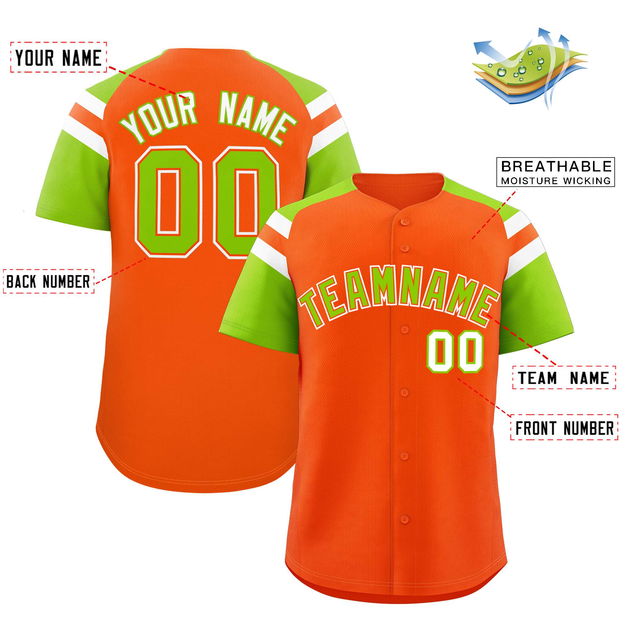 Custom Orange Neon Green Contrast Raglan Sleeves Authentic Baseball Jersey