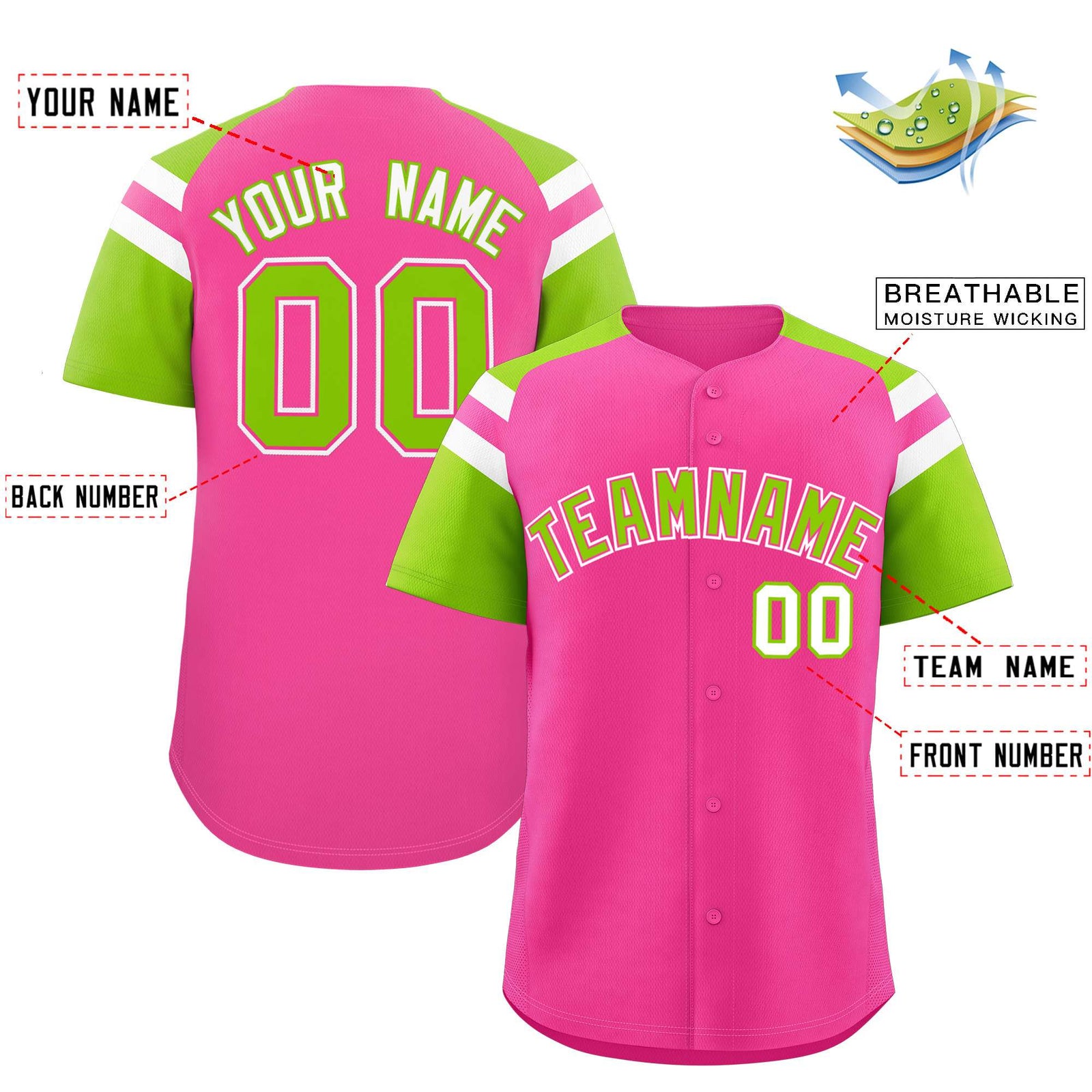 Custom Pink Neon Green Contrast Raglan Sleeves Authentic Baseball Jersey