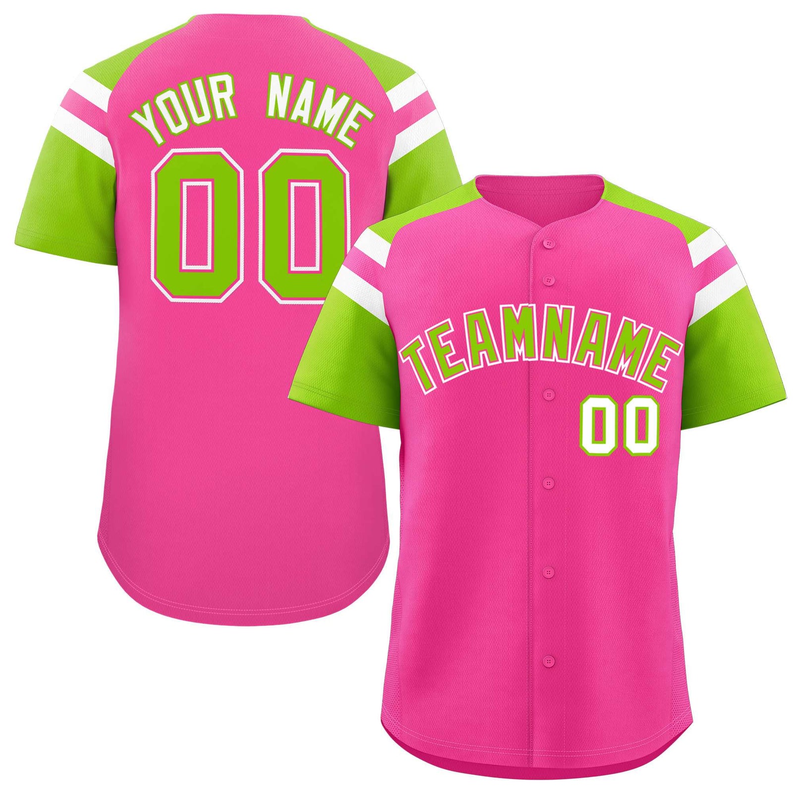 Custom Pink Neon Green Contrast Raglan Sleeves Authentic Baseball Jersey