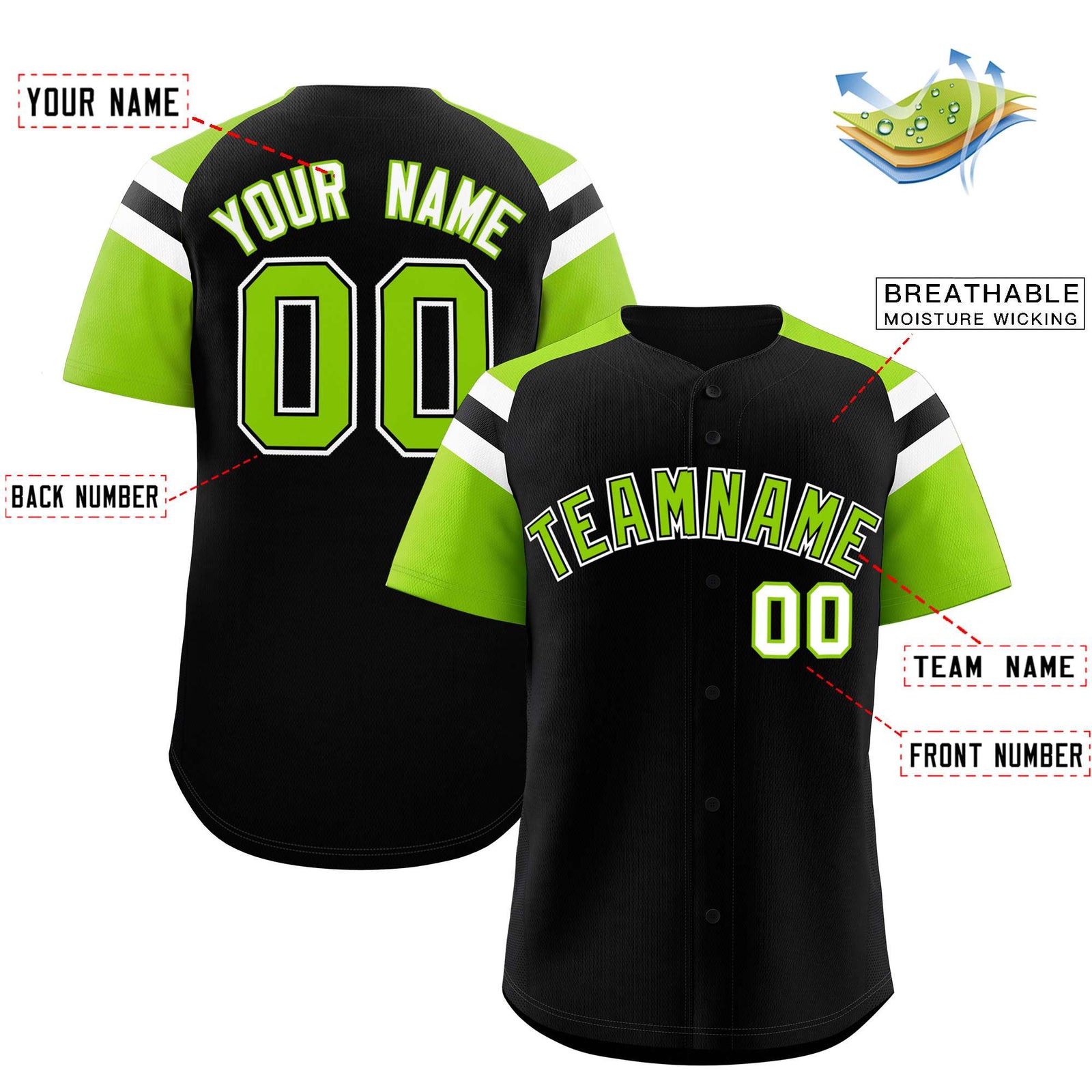 Custom Black Neon Green Contrast Raglan Sleeves Authentic Baseball Jersey
