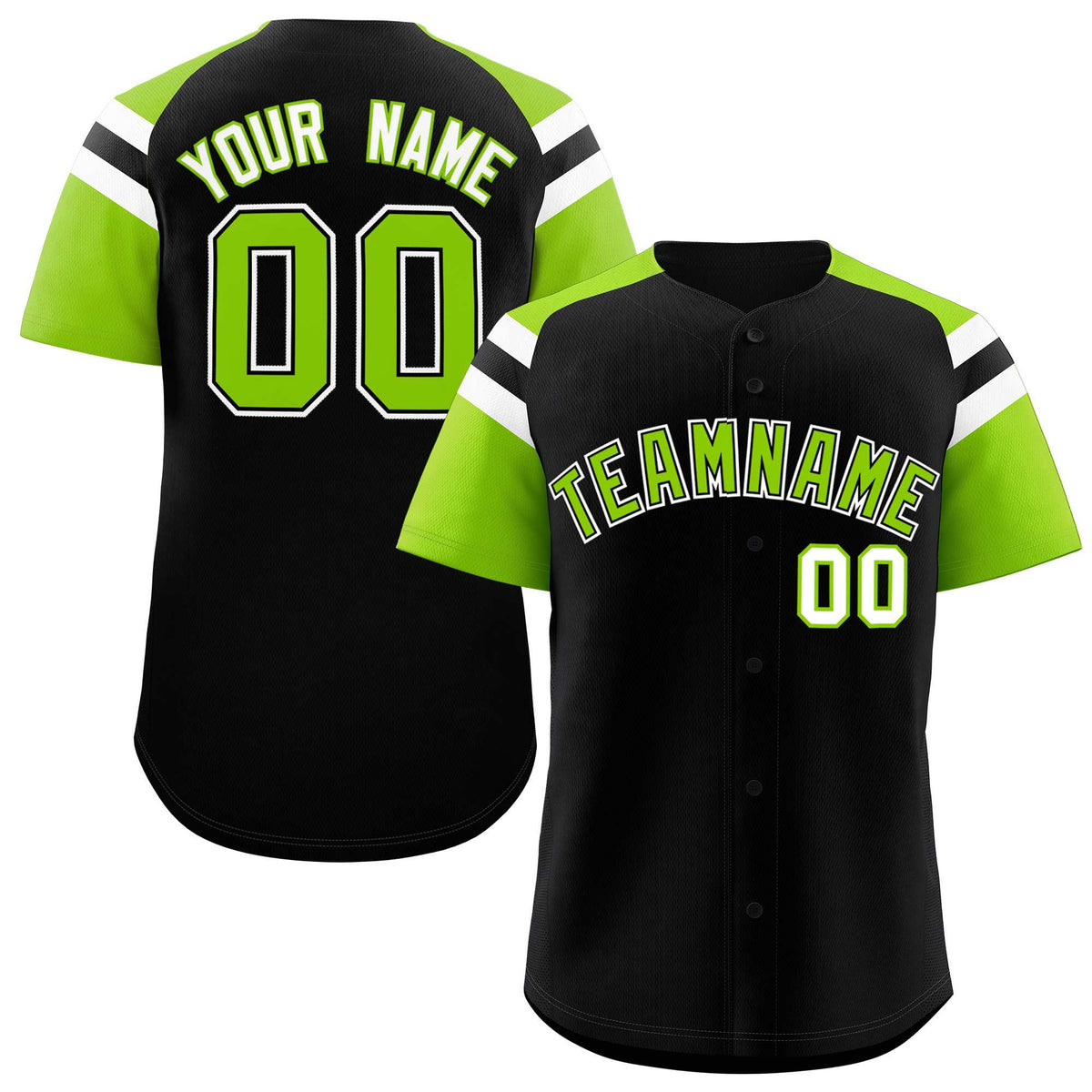 Custom Black Neon Green Contrast Raglan Sleeves Authentic Baseball Jersey