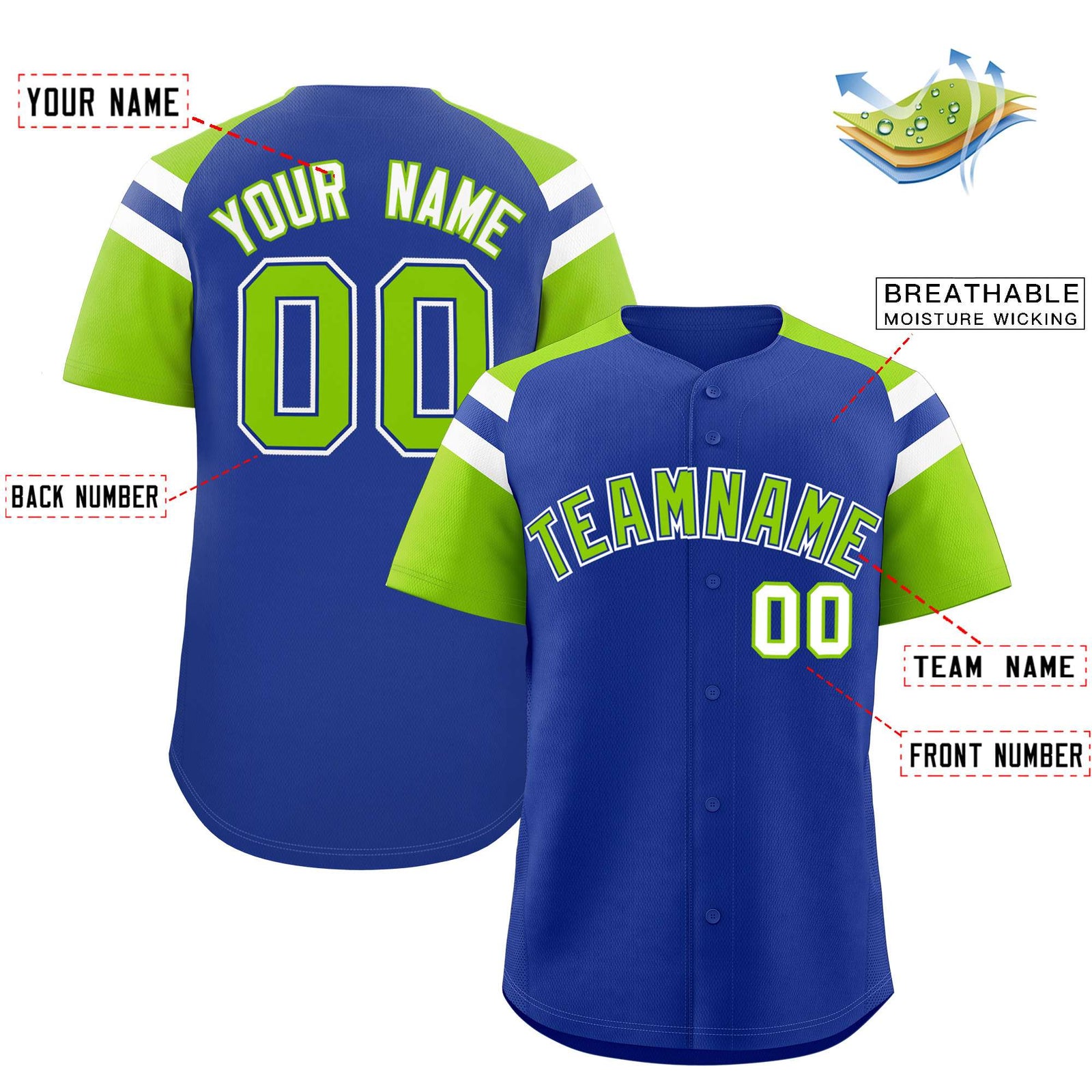 Custom Royal Neon Green Contrast Raglan Sleeves Authentic Baseball Jersey