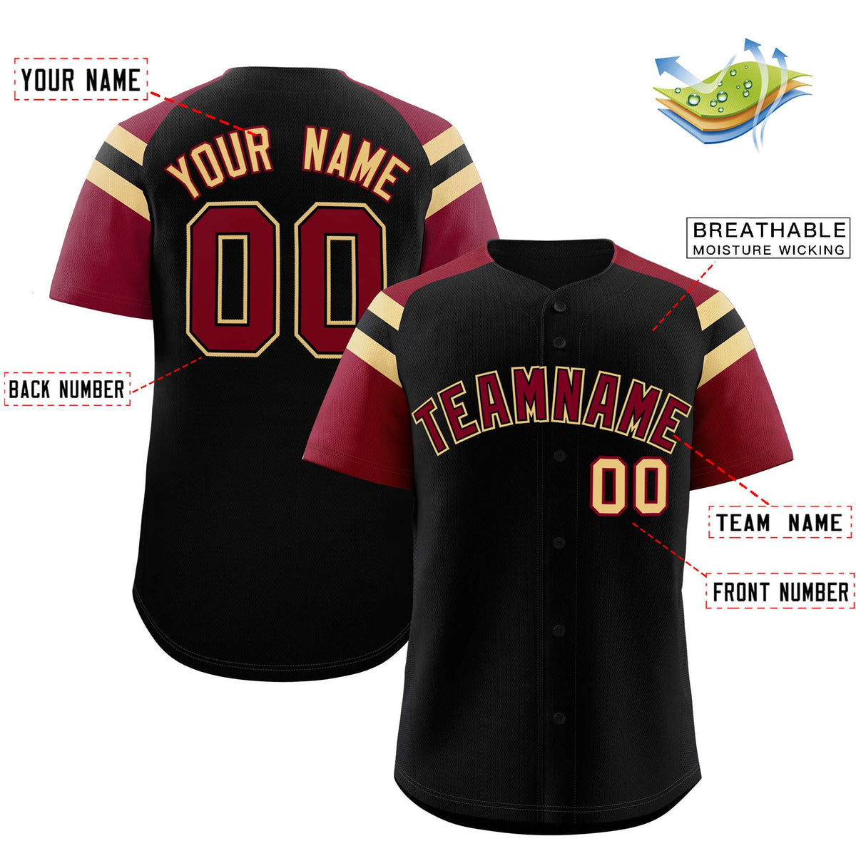 Custom Black Crimson Contrast Raglan Sleeves Authentic Baseball Jersey