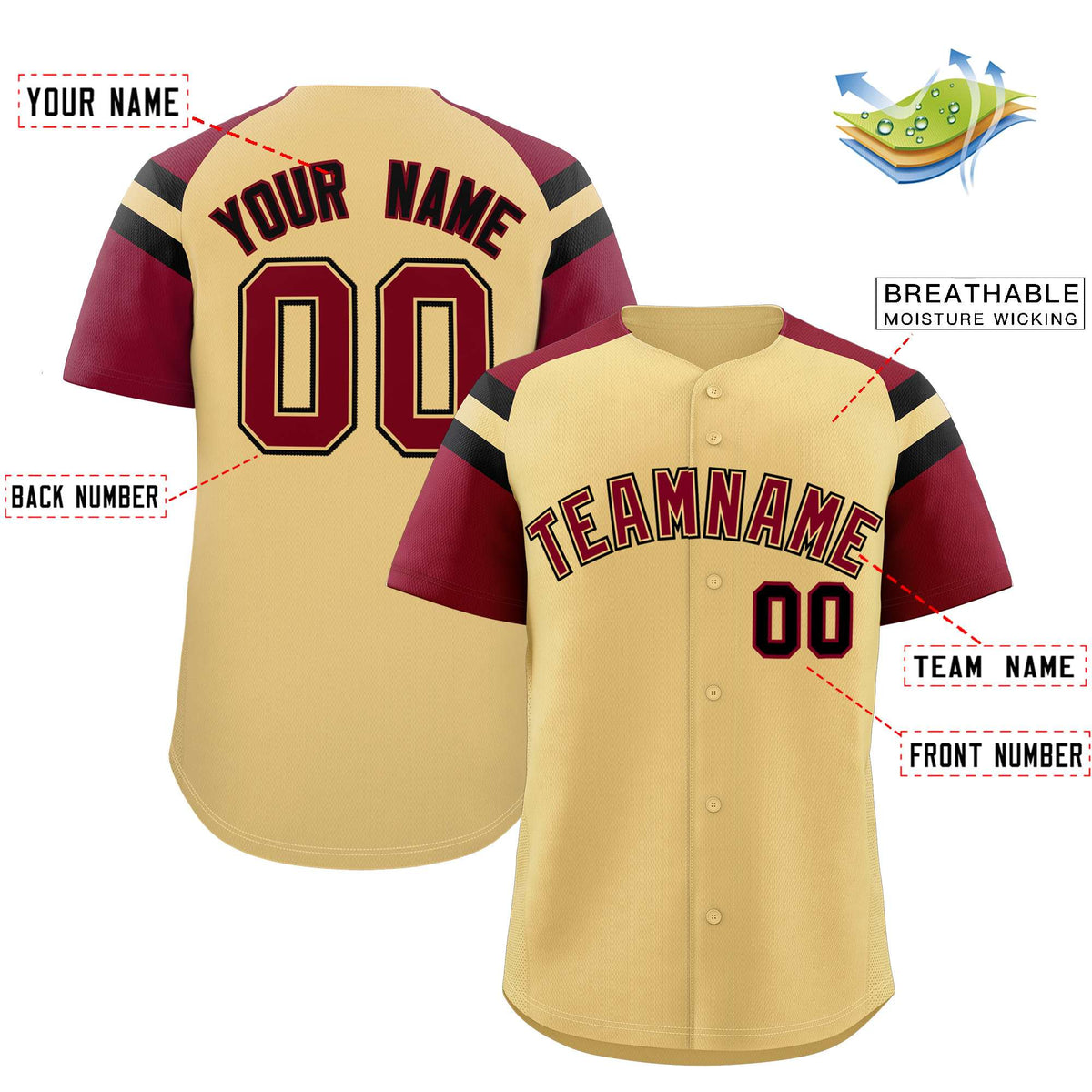 Custom Khaki Crimson Contrast Raglan Sleeves Authentic Baseball Jersey