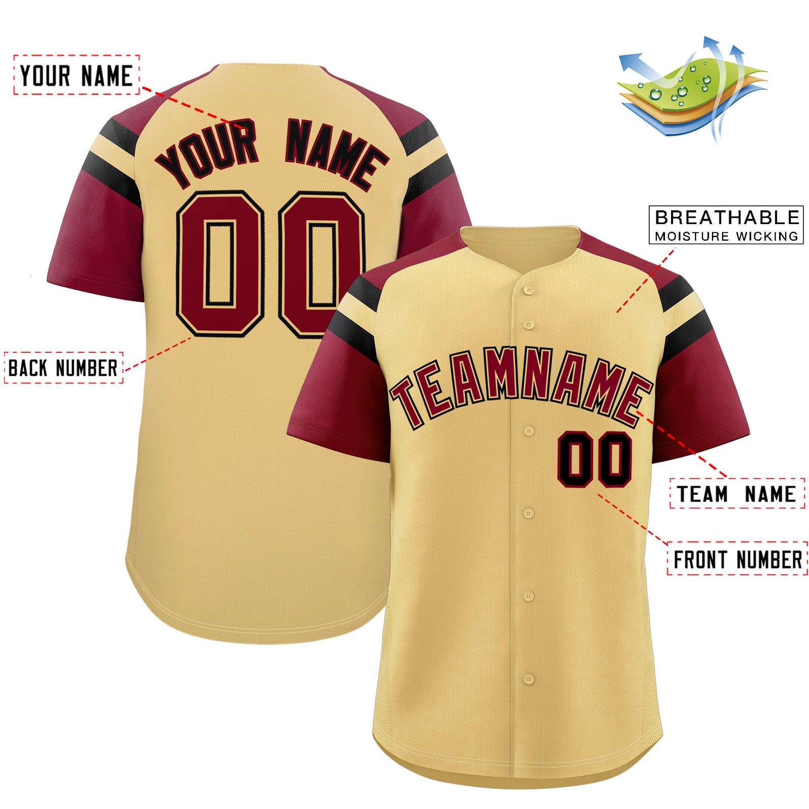 Custom Khaki Crimson Contrast Raglan Sleeves Authentic Baseball Jersey