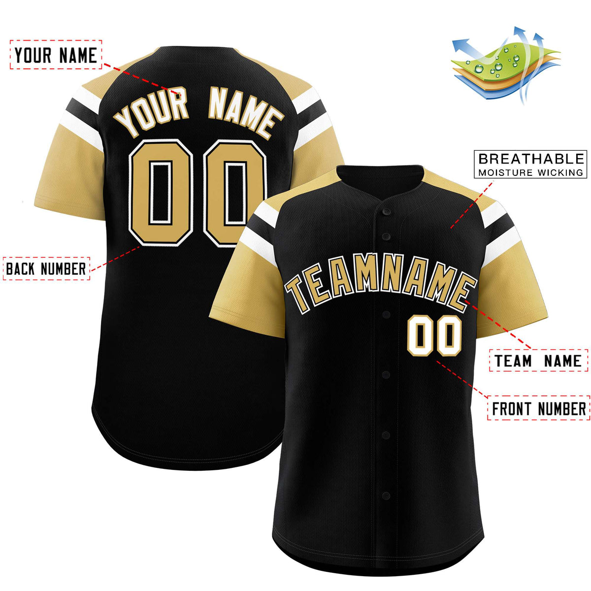 Custom Black Old Gold Contrast Raglan Sleeves Authentic Baseball Jersey