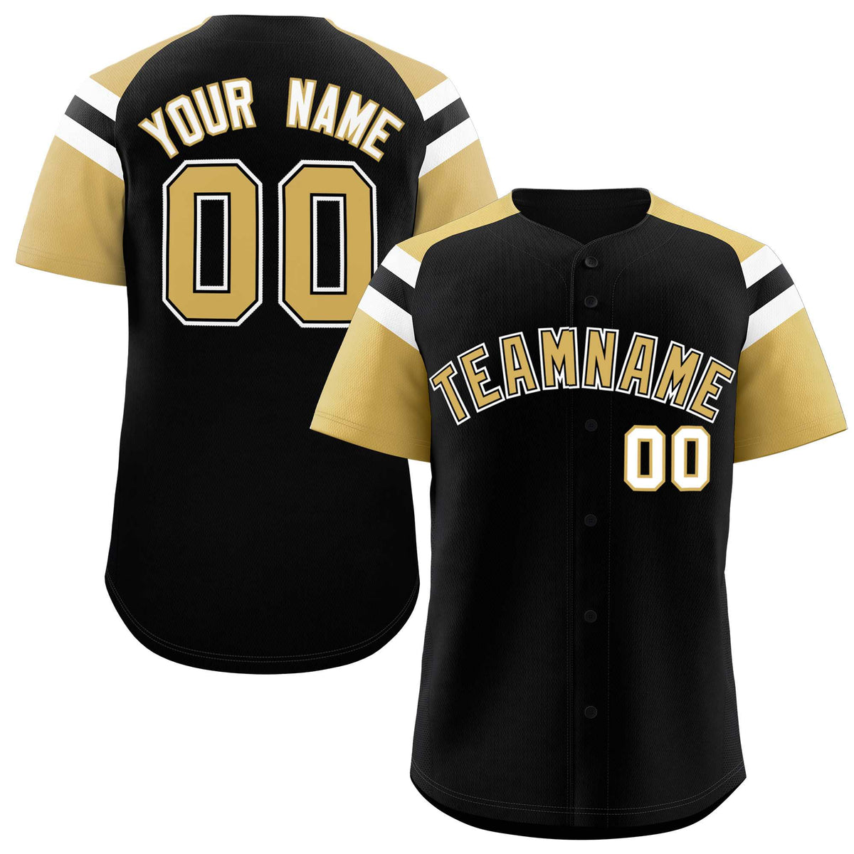 Custom Black Old Gold Contrast Raglan Sleeves Authentic Baseball Jersey