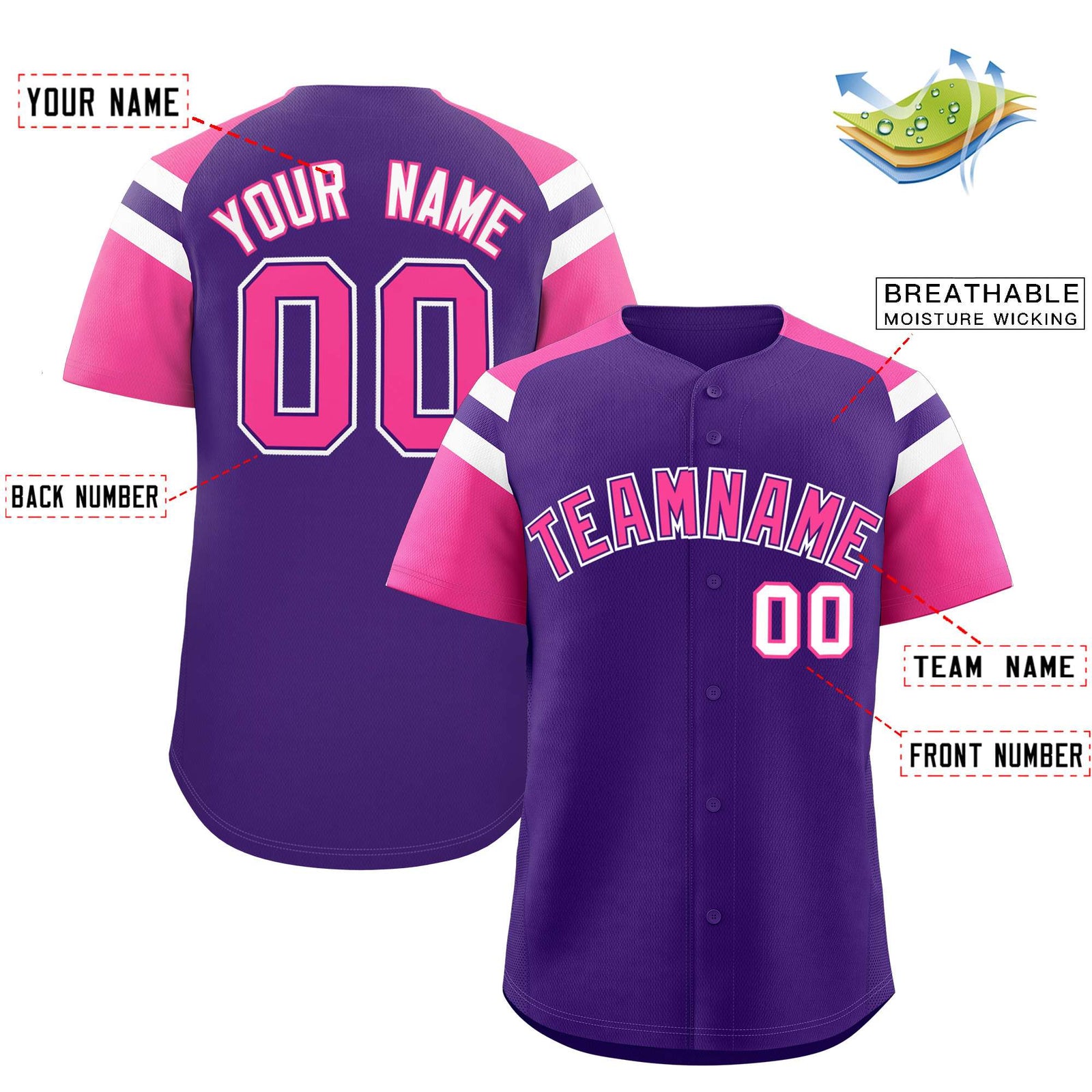 Custom Purple Pink Contrast Raglan Sleeves Authentic Baseball Jersey