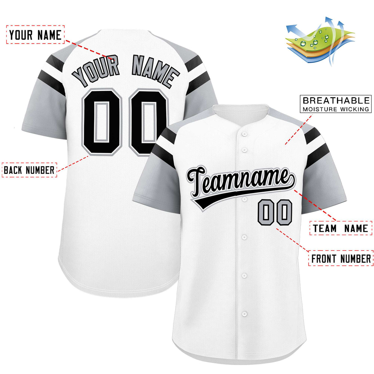 Custom White Silver Contrast Raglan Sleeves Authentic Baseball Jersey