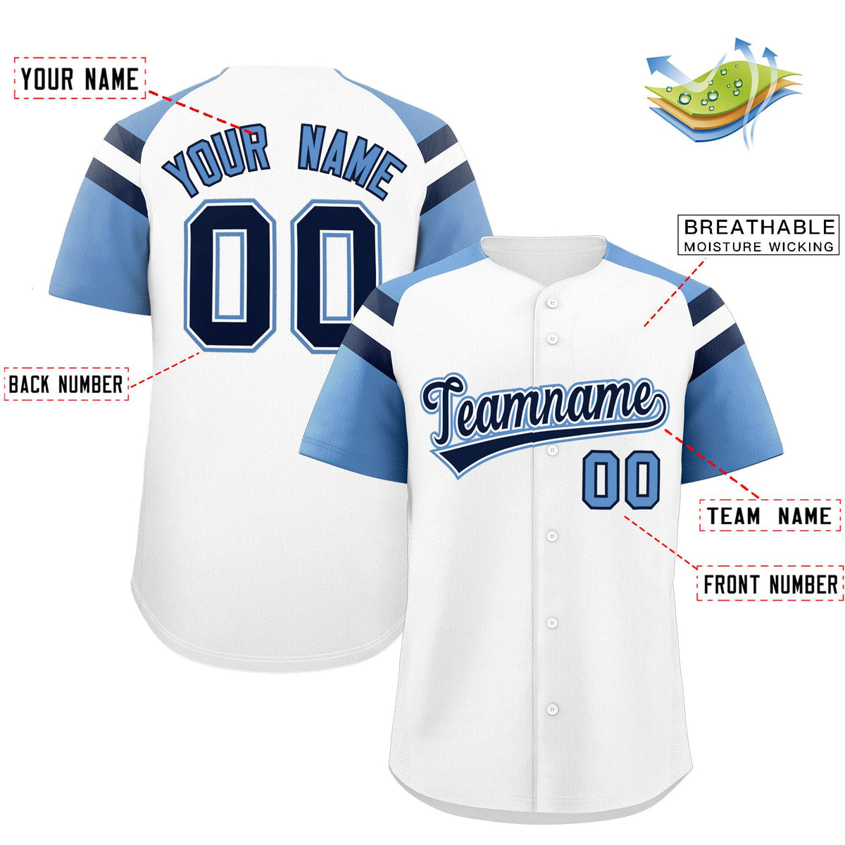 Custom White Light Blue Contrast Raglan Sleeves Authentic Baseball Jersey