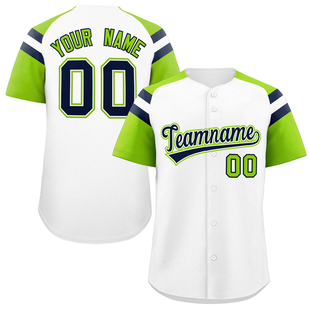 Custom-White-Neon-Green-Contrast-Raglan-Sleeves-Authentic-Baseball-Jersey-015