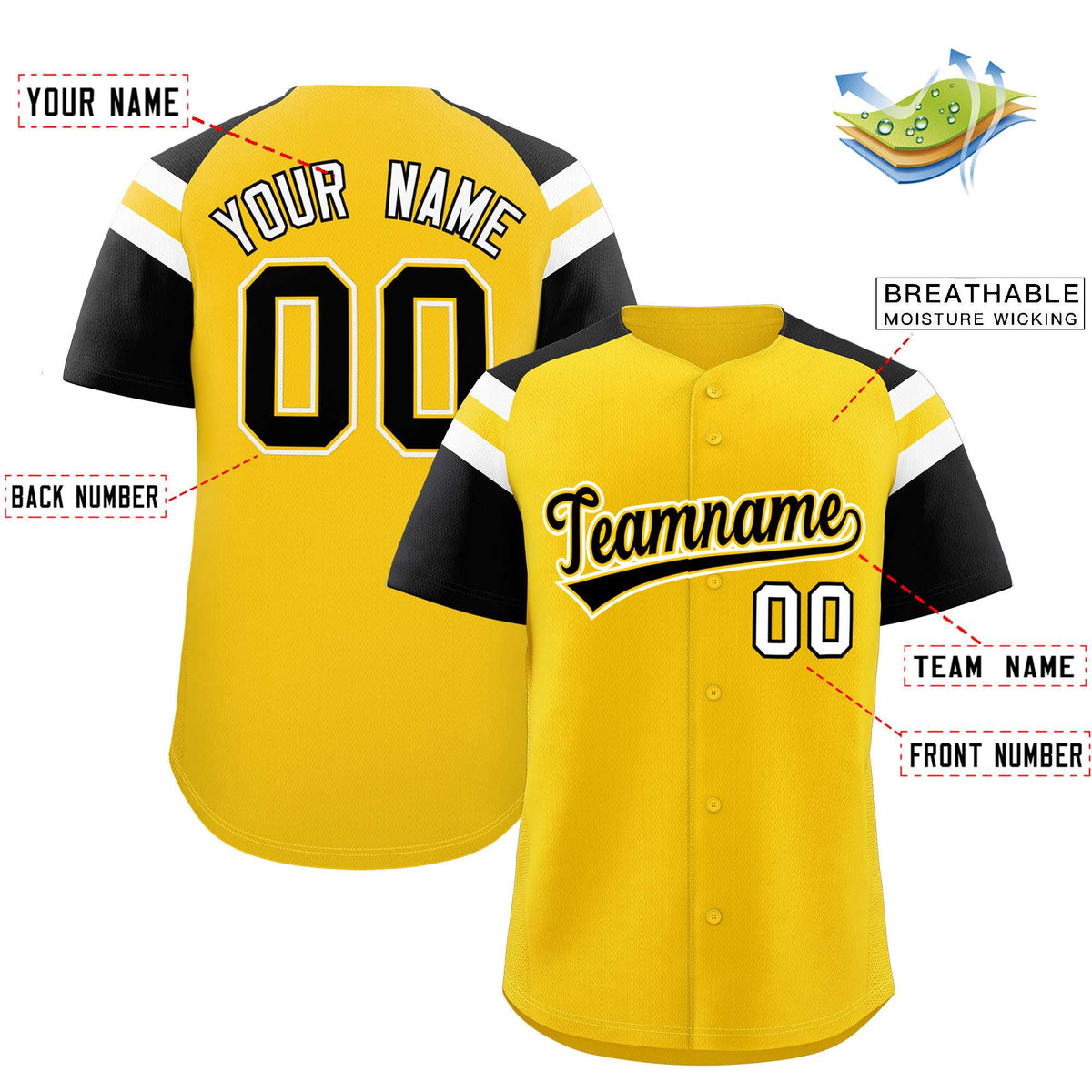 Custom Gold Black Contrast Raglan Sleeves Authentic Baseball Jersey