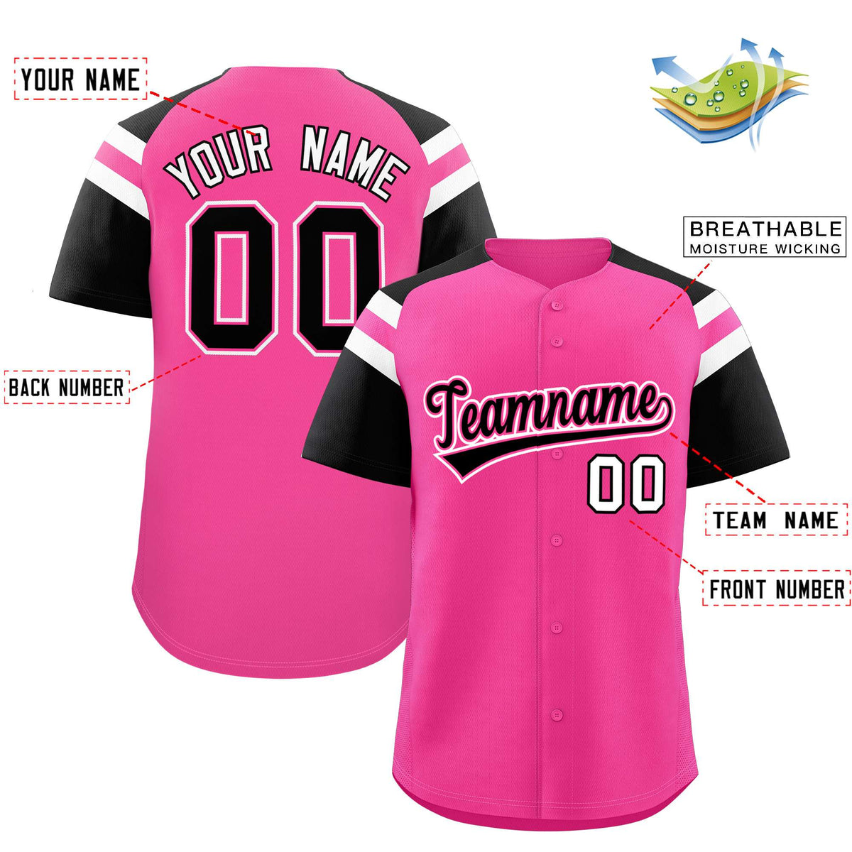 Custom Pink Black Contrast Raglan Sleeves Authentic Baseball Jersey