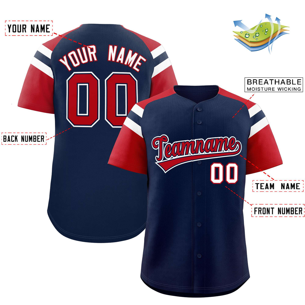 Custom Navy Red Contrast Raglan Sleeves Authentic Baseball Jersey