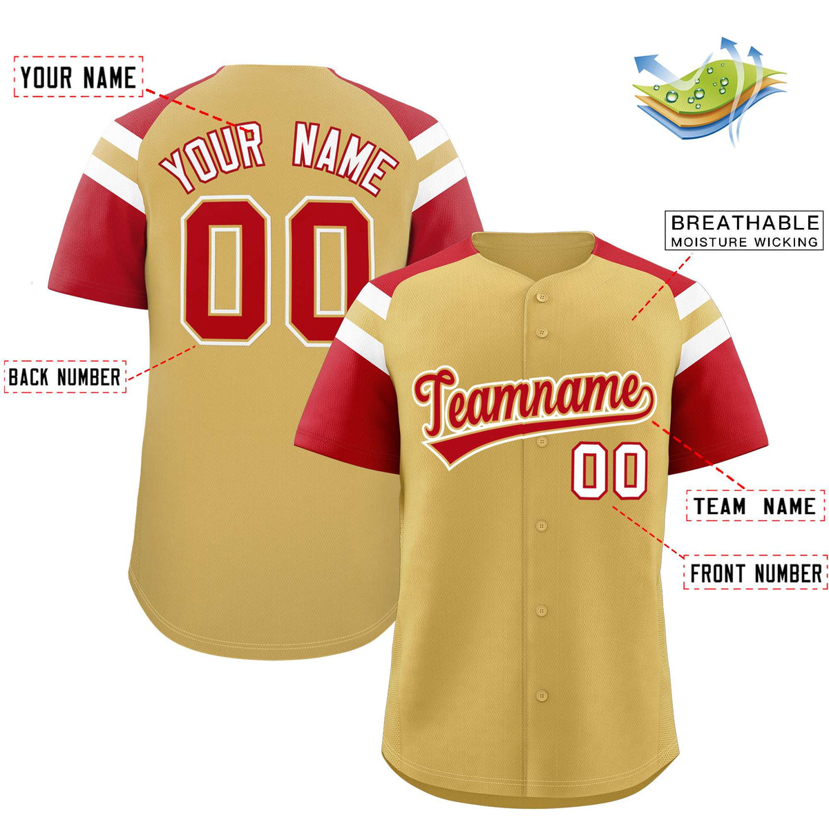 Custom Old Gold Red Contrast Raglan Sleeves Authentic Baseball Jersey