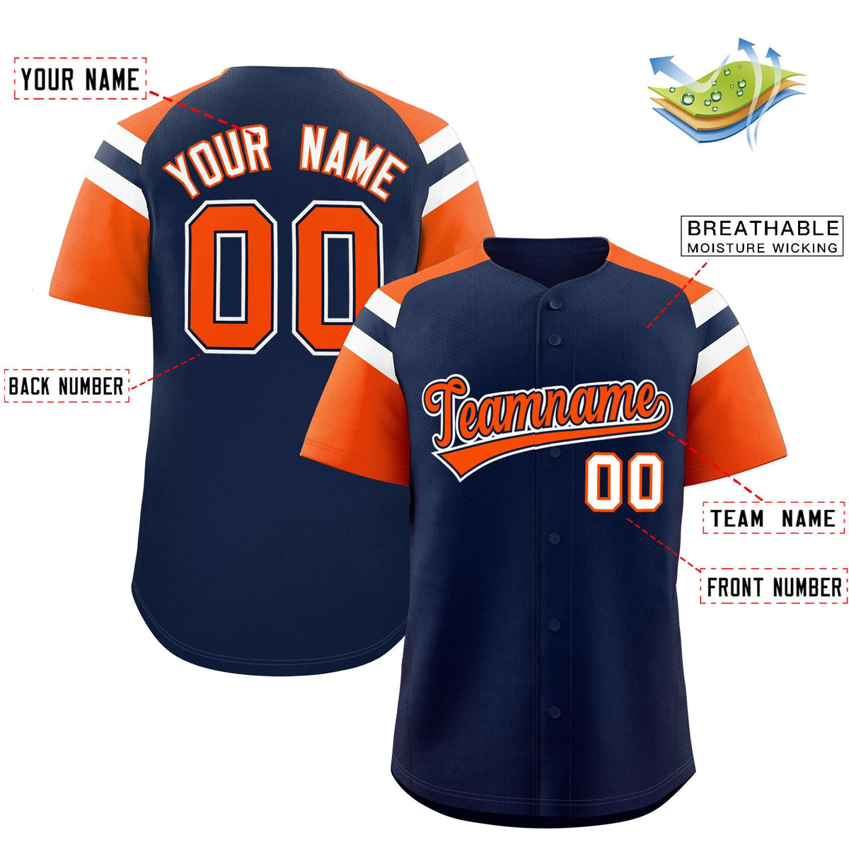 Custom Navy Orange Contrast Raglan Sleeves Authentic Baseball Jersey