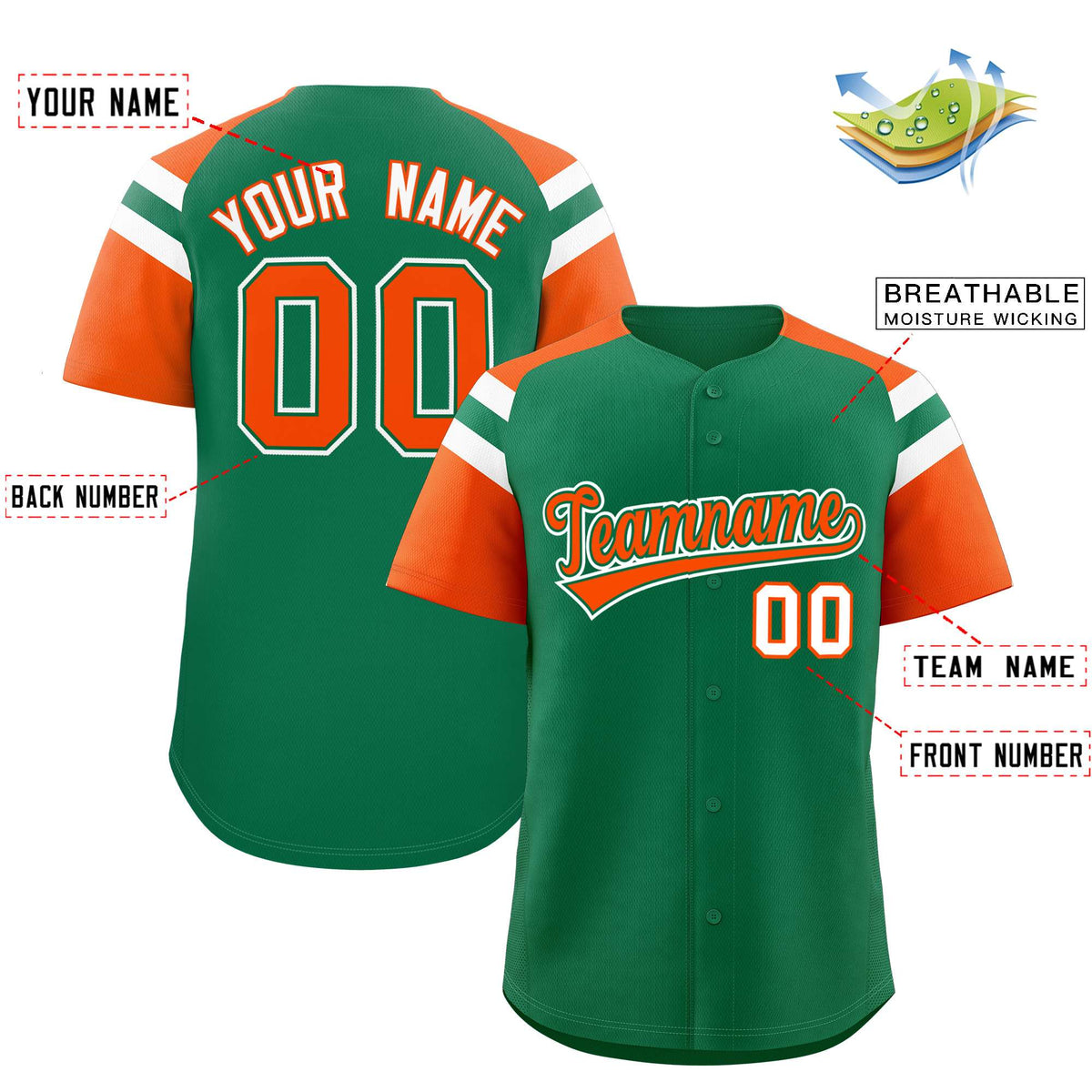 Custom Kelly Green Orange Contrast Raglan Sleeves Authentic Baseball Jersey