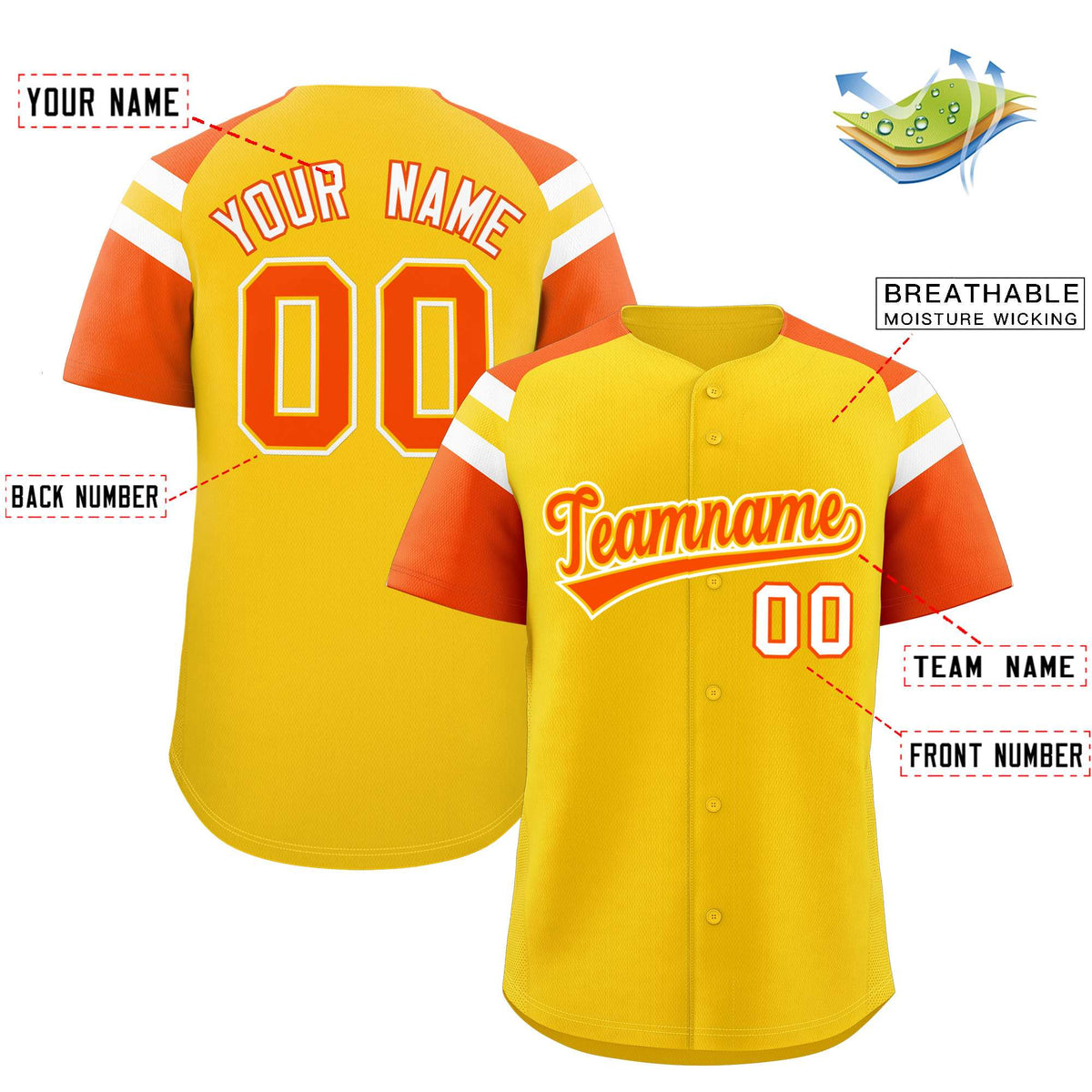 Custom Gold Orange Contrast Raglan Sleeves Authentic Baseball Jersey
