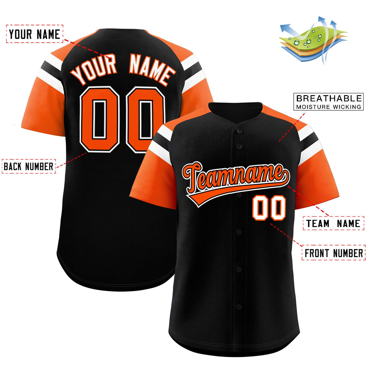 Custom Black Orange Contrast Raglan Sleeves Authentic Baseball Jersey