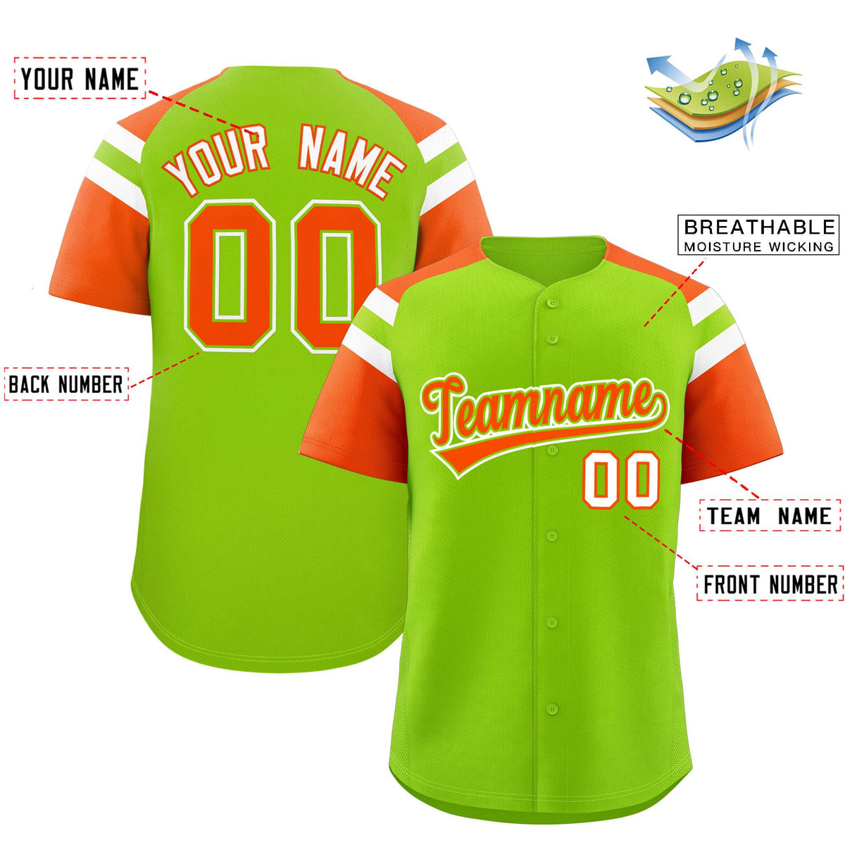 Custom Neon Green Orange Contrast Raglan Sleeves Authentic Baseball Jersey
