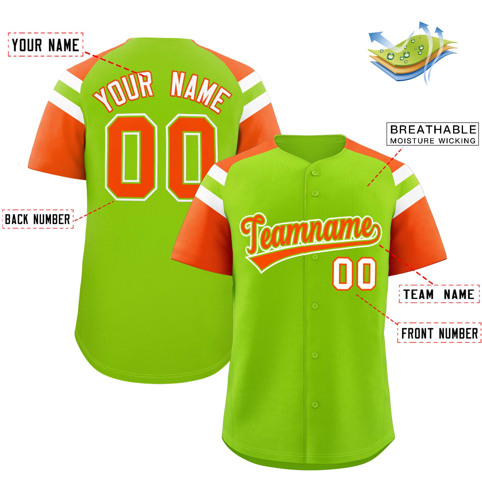 Custom-Neon-Green-Orange-Contrast-Raglan-Sleeves-Authentic-Baseball-Jersey-040