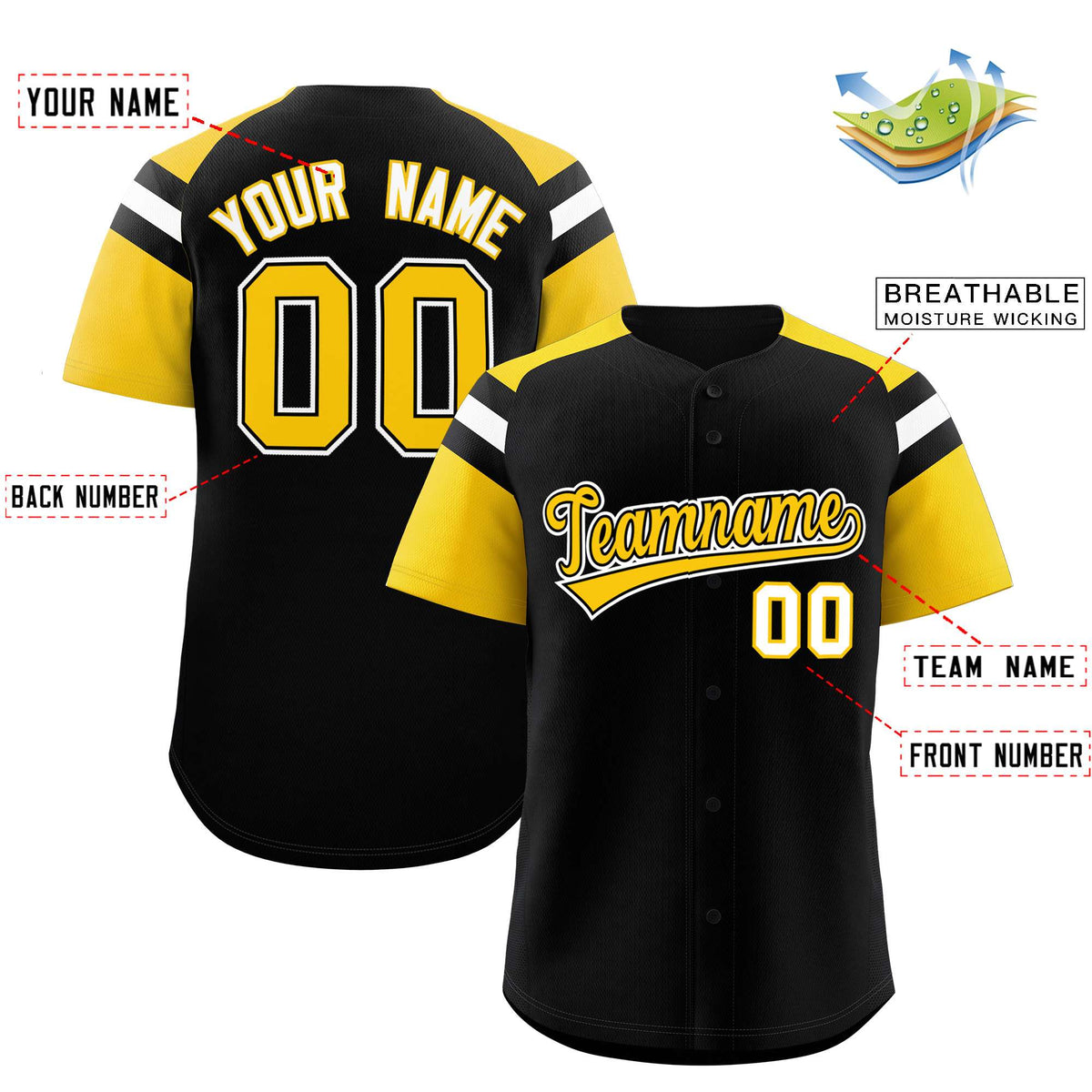Custom Black Gold Contrast Raglan Sleeves Authentic Baseball Jersey
