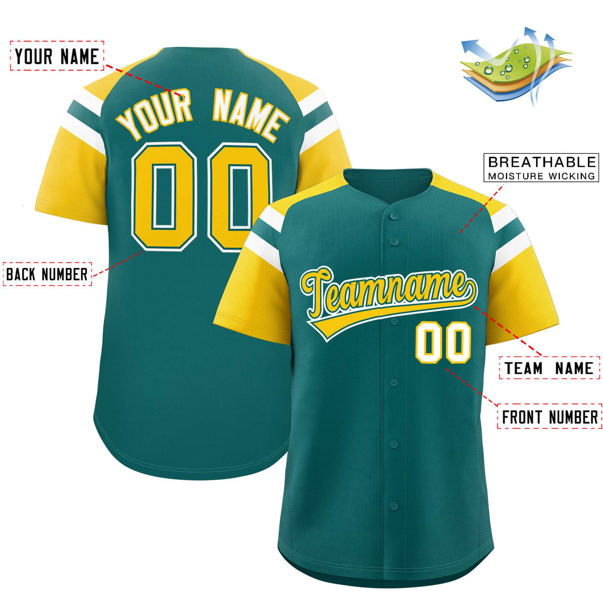 Custom Aqua Gold Contrast Raglan Sleeves Authentic Baseball Jersey
