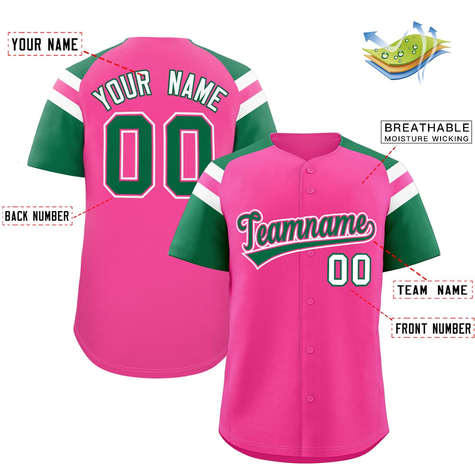 Custom-Pink-Kelly-Green-Contrast-Raglan-Sleeves-Authentic-Baseball-Jersey-055