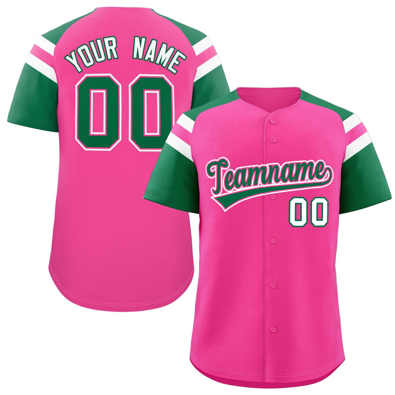 Custom-Pink-Kelly-Green-Contrast-Raglan-Sleeves-Authentic-Baseball-Jersey-055