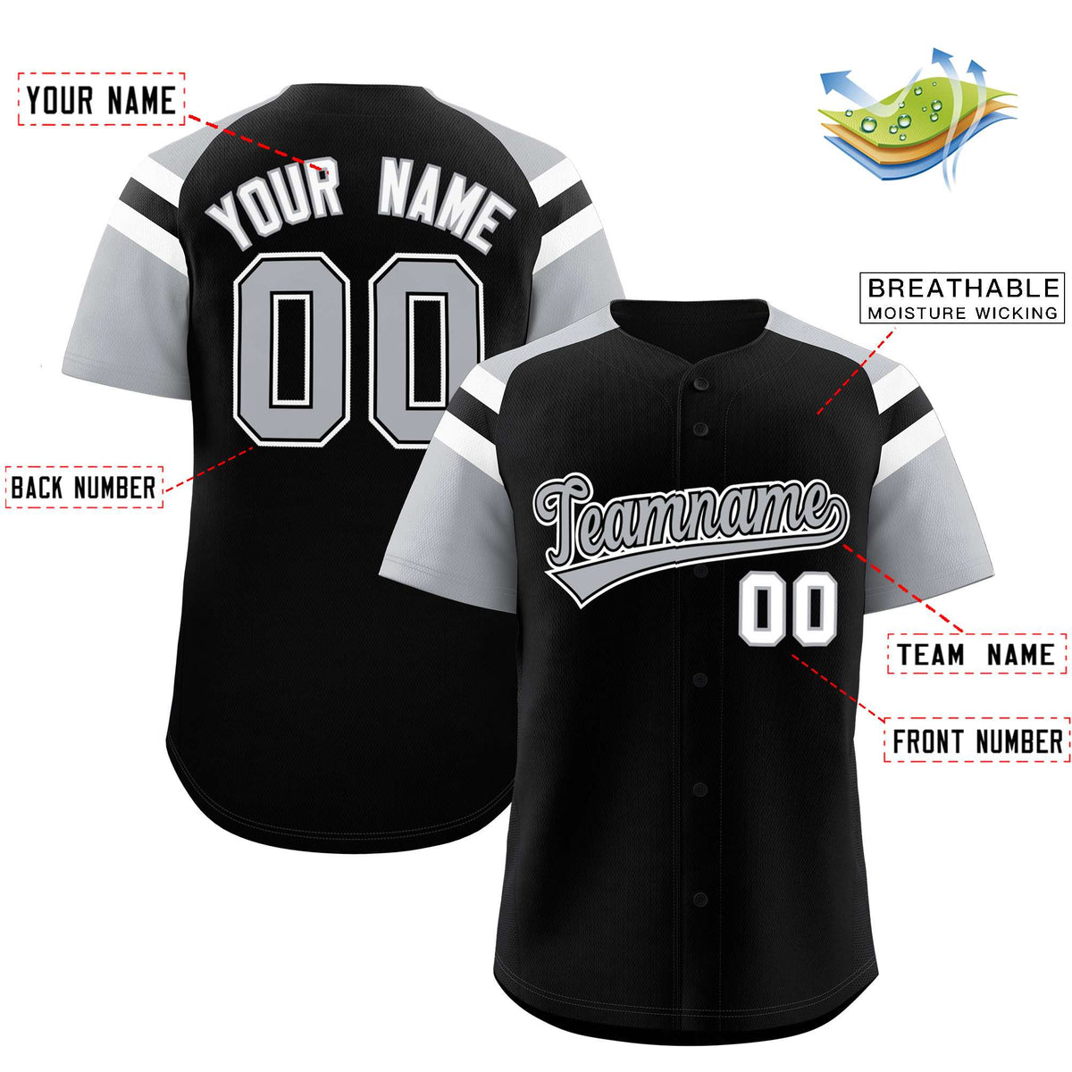 Custom Black Silver Contrast Raglan Sleeves Authentic Baseball Jersey