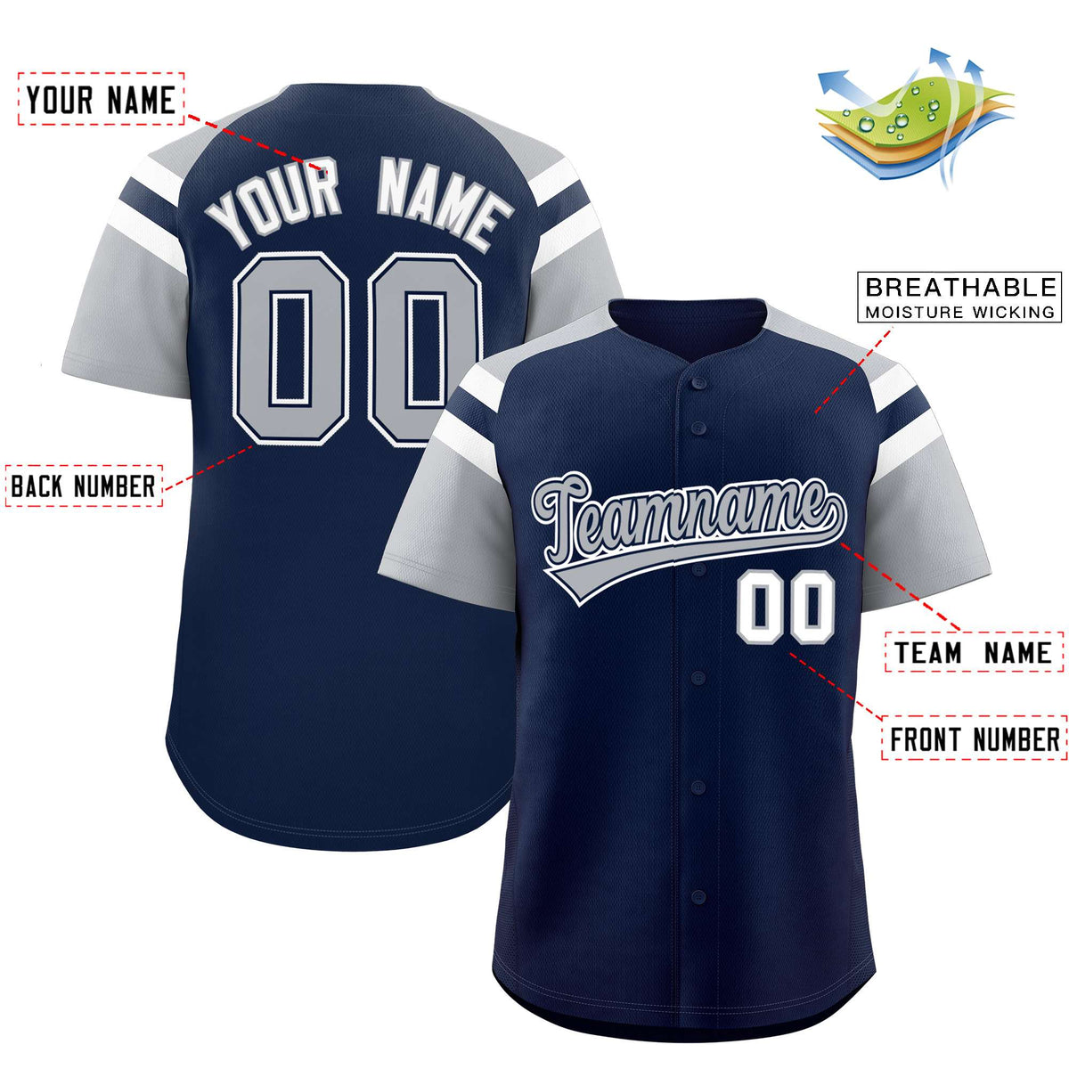 Custom Navy Silver Contrast Raglan Sleeves Authentic Baseball Jersey