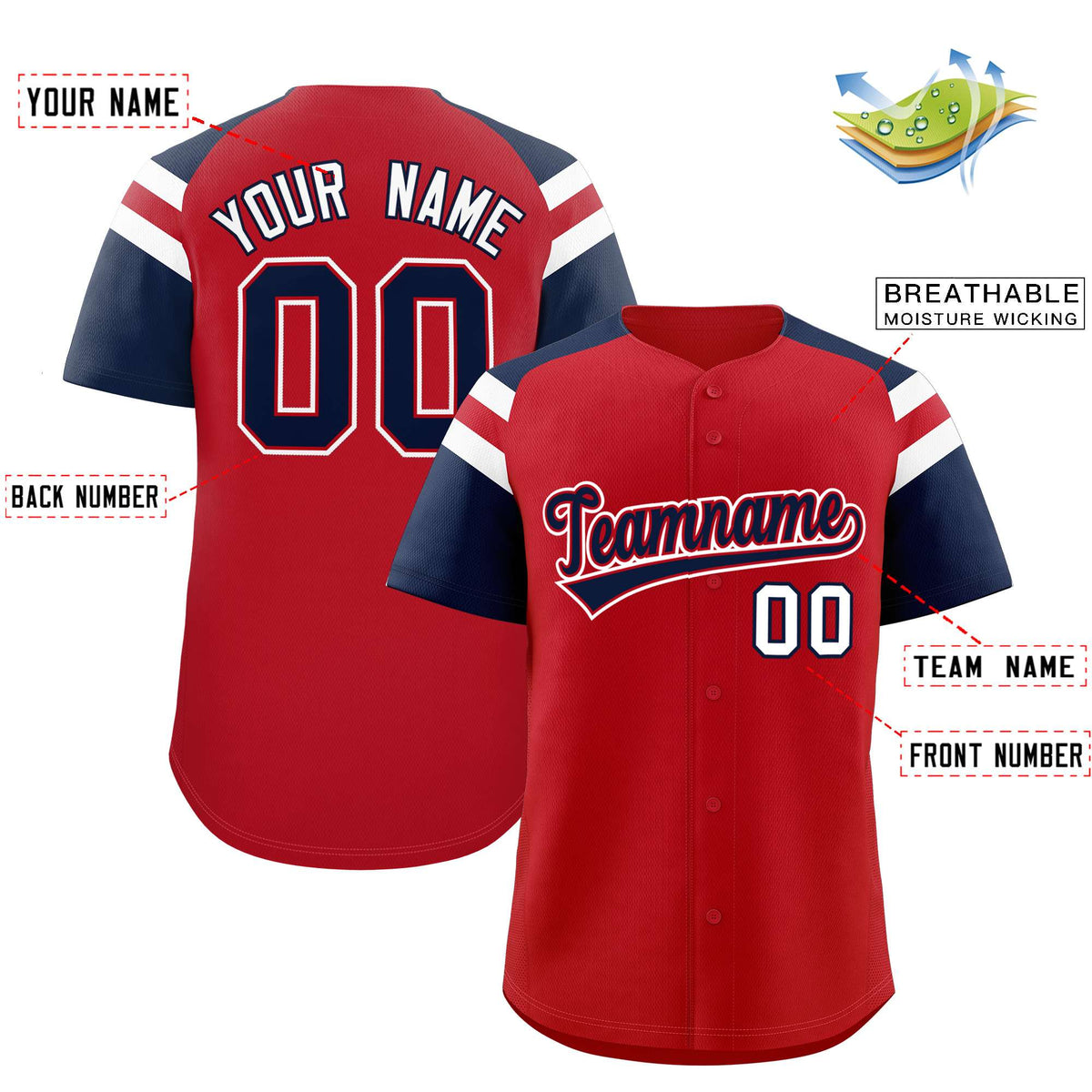 Custom Red Navy Contrast Raglan Sleeves Authentic Baseball Jersey